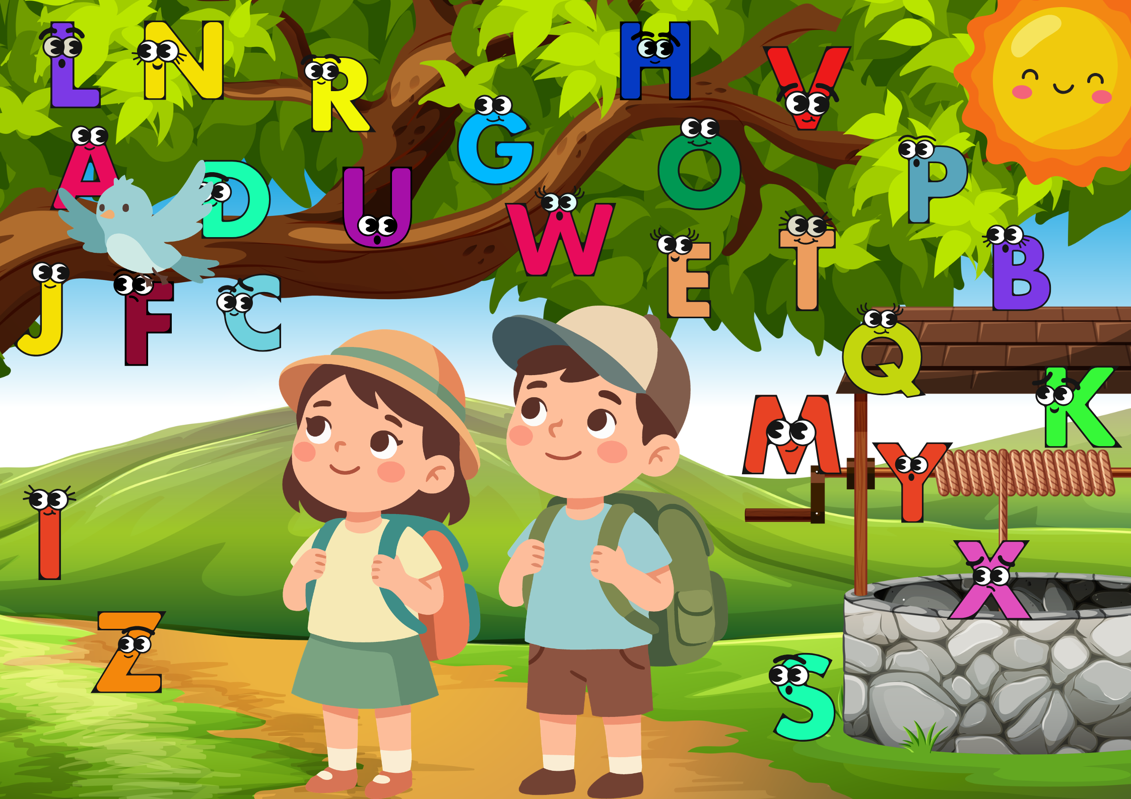 Wanderweg ABC Poster Digital für das Kinderzimmer mit Kindern, die das Alphabet entdecken, in einer naturbelassenen Landschaft.