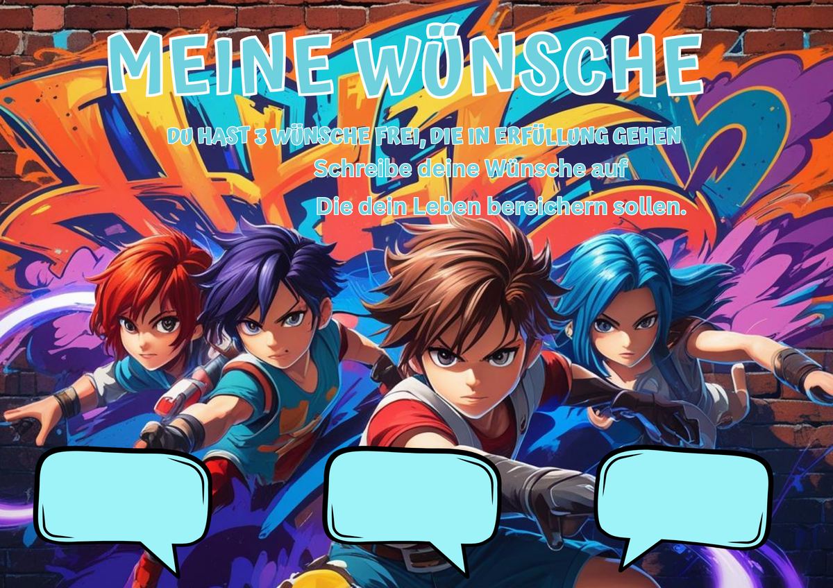 Wunsch Poster für Kinder Gamer 11 Digital mit vier Charakteren vor buntem Hintergrund und Platz für Wünsche.