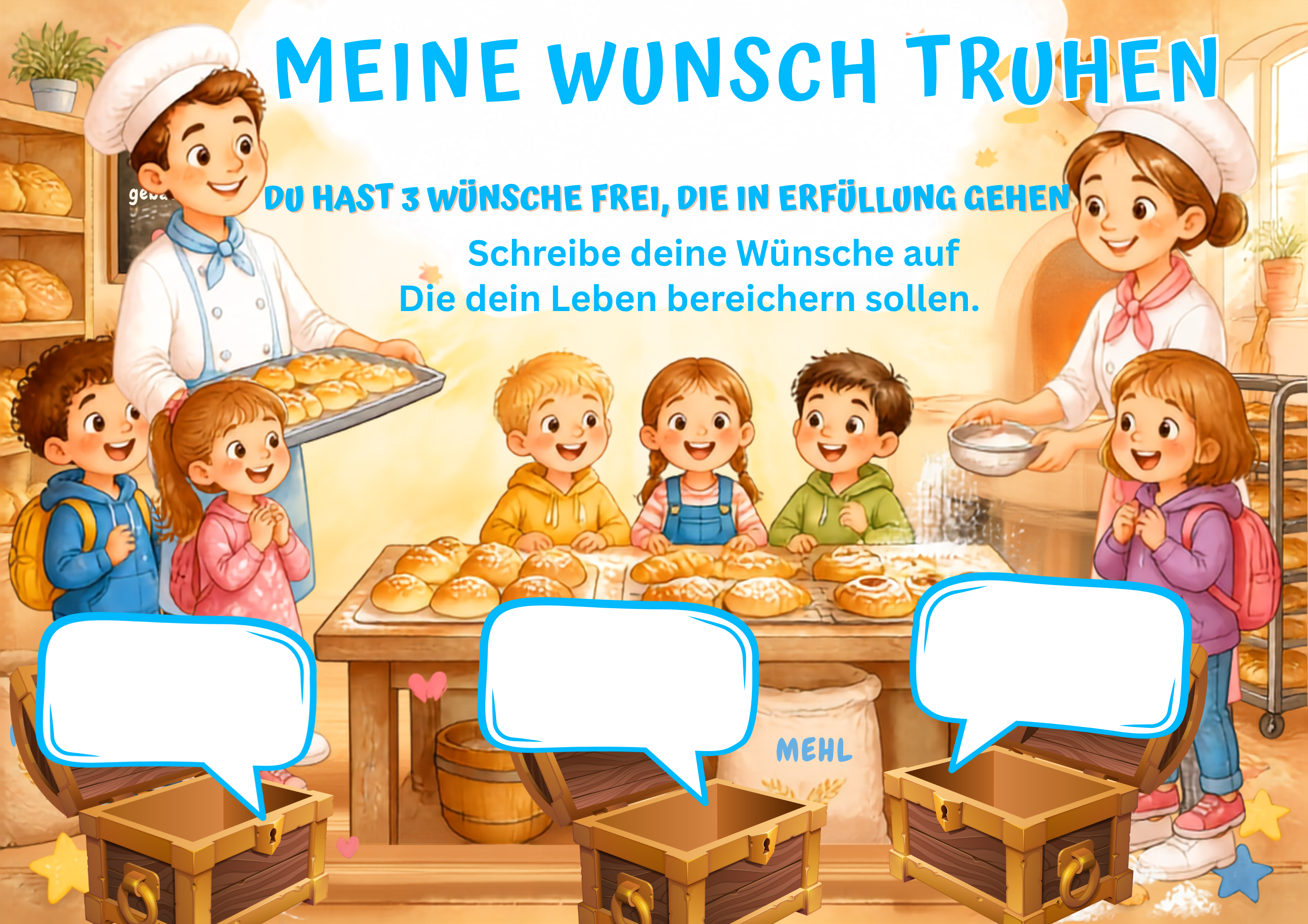 Wunschposter Backstube Kinder und Bäcker Digital Nr. 2 mit Kindern in einer Backstube, die ihre Wünsche aufschreiben.