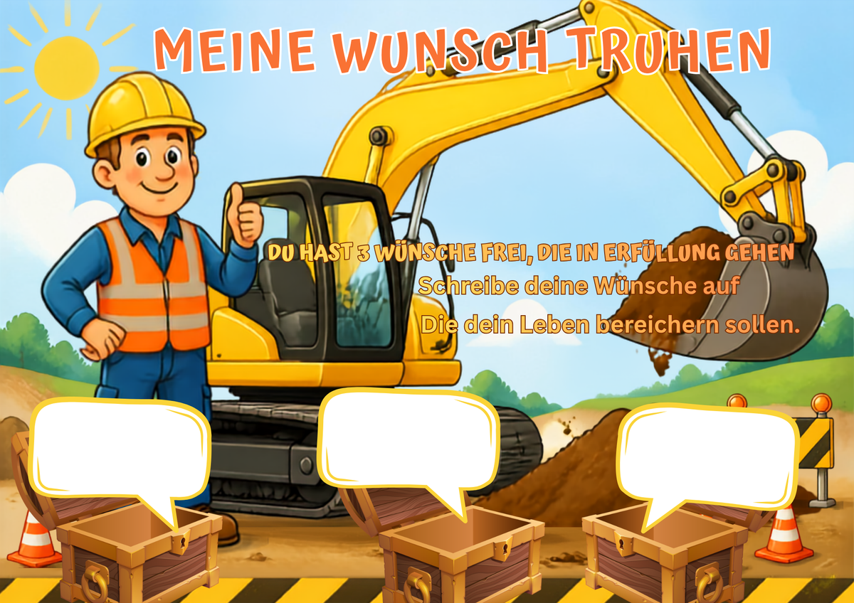 Wunschposter für Kinder Baggerarbeiter im Einsatz Digital zeigt einen freundlichen Bauarbeiter und Bagger auf der Baustelle.