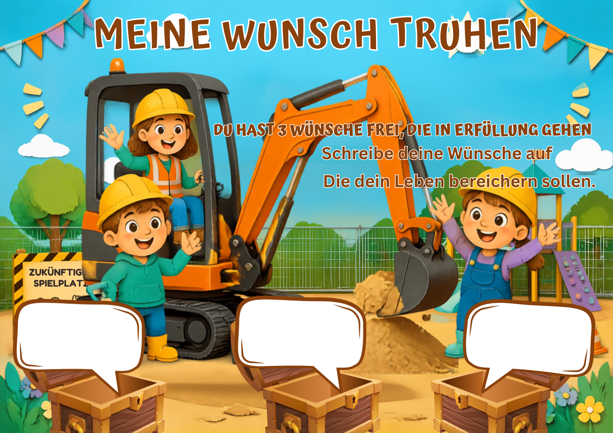 Wunschposter für Kinder Bagger Arbeiter mit Kinder 2 Digital, zwei Kinder mit Bagger auf dem Poster, Wunscherfüllung