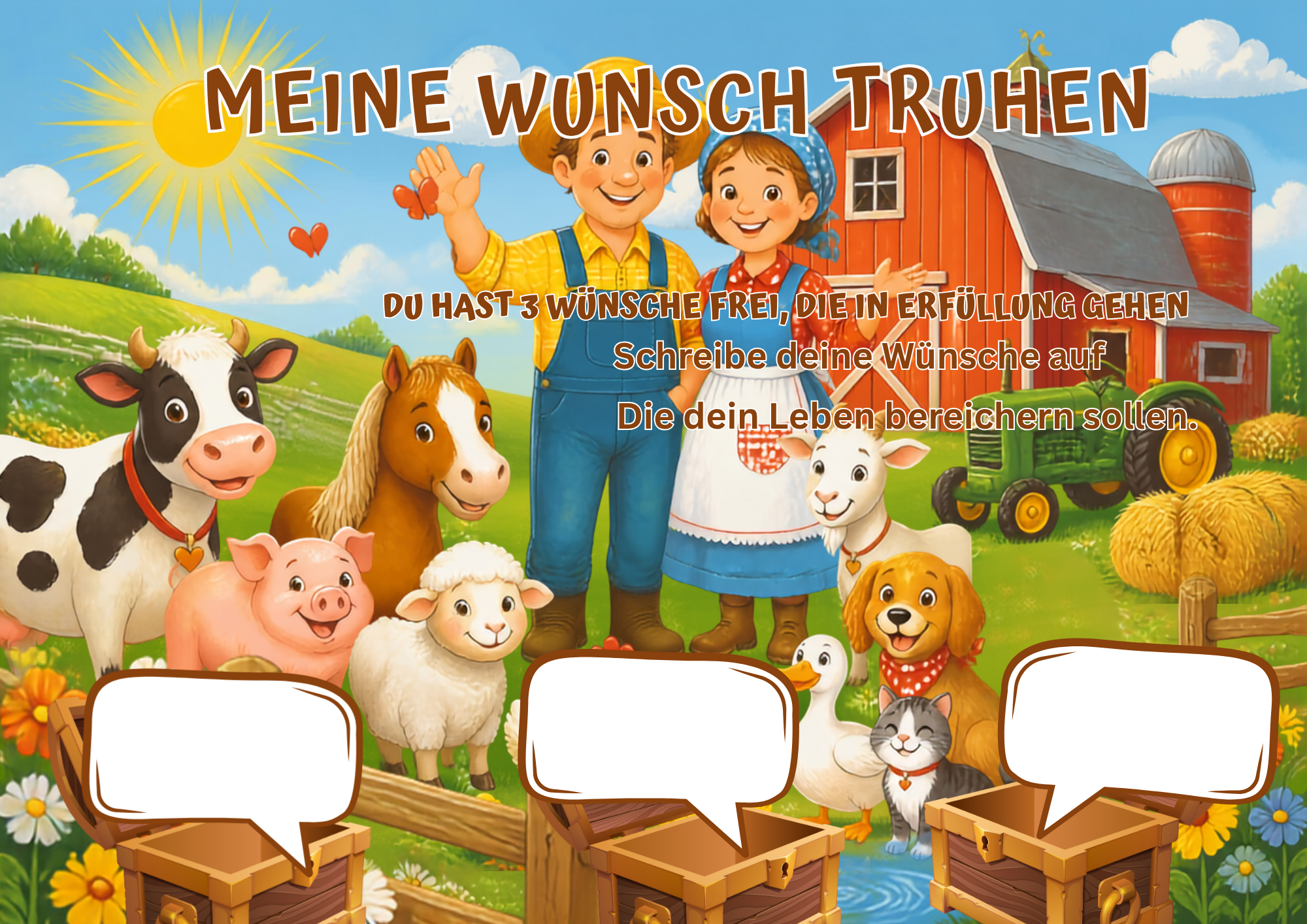Wunschposter Bauer mit Tieren – Kinder (Digital) mit Tieren und Platz für Wünsche auf einem Bauernhof.