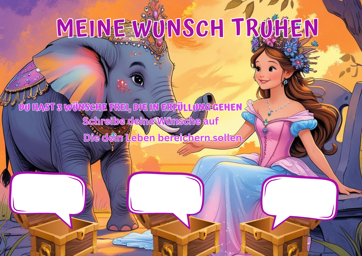 Wunschposter für Kinder Elefanten Prinzessin Digital mit Elefant und Prinzessin, Platz für Wünsche und Träume.
