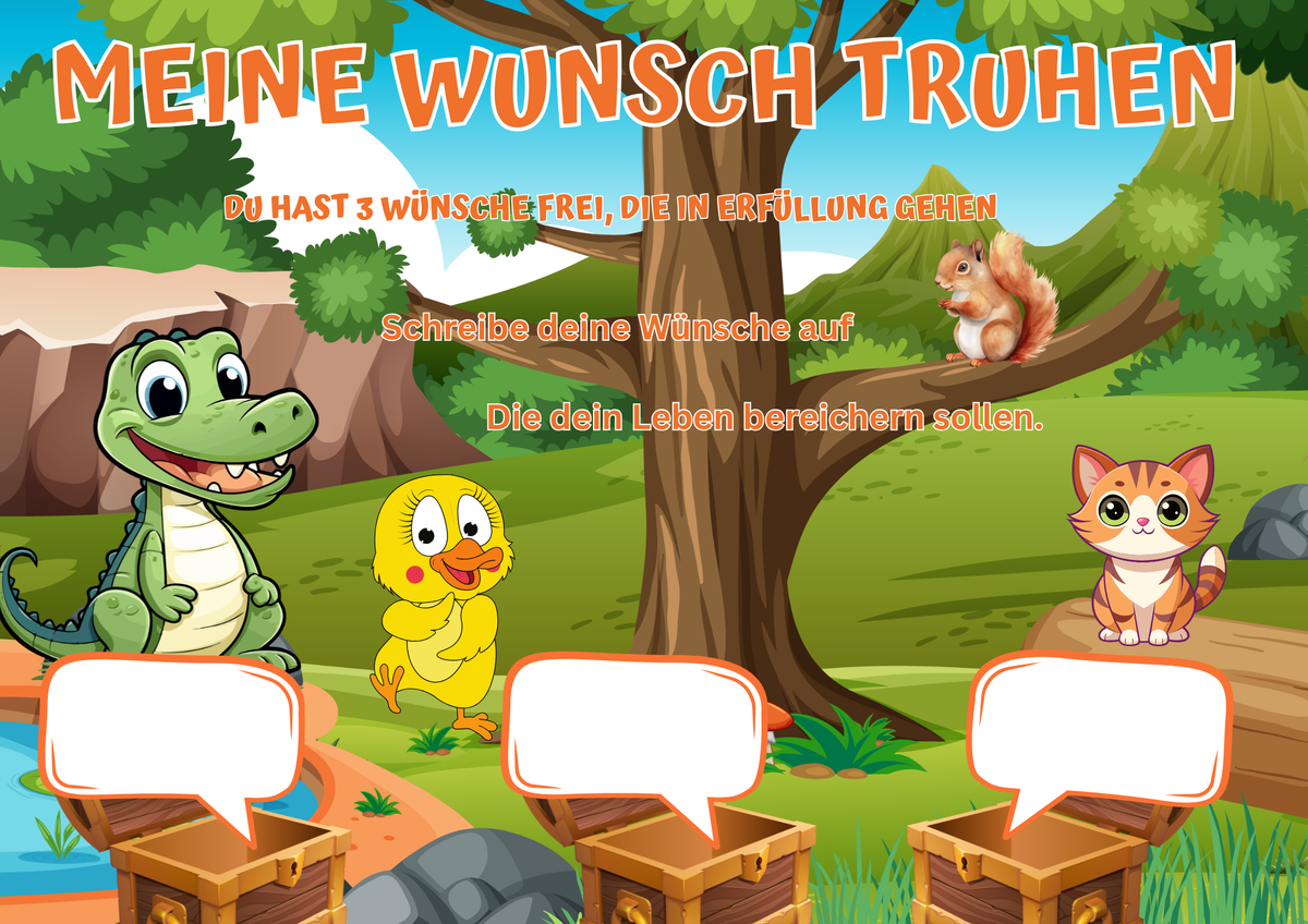 Wunschposter für Kinder Ente Krokodil Katze Eichhörnchen Digital mit vier tierischen Freunden.