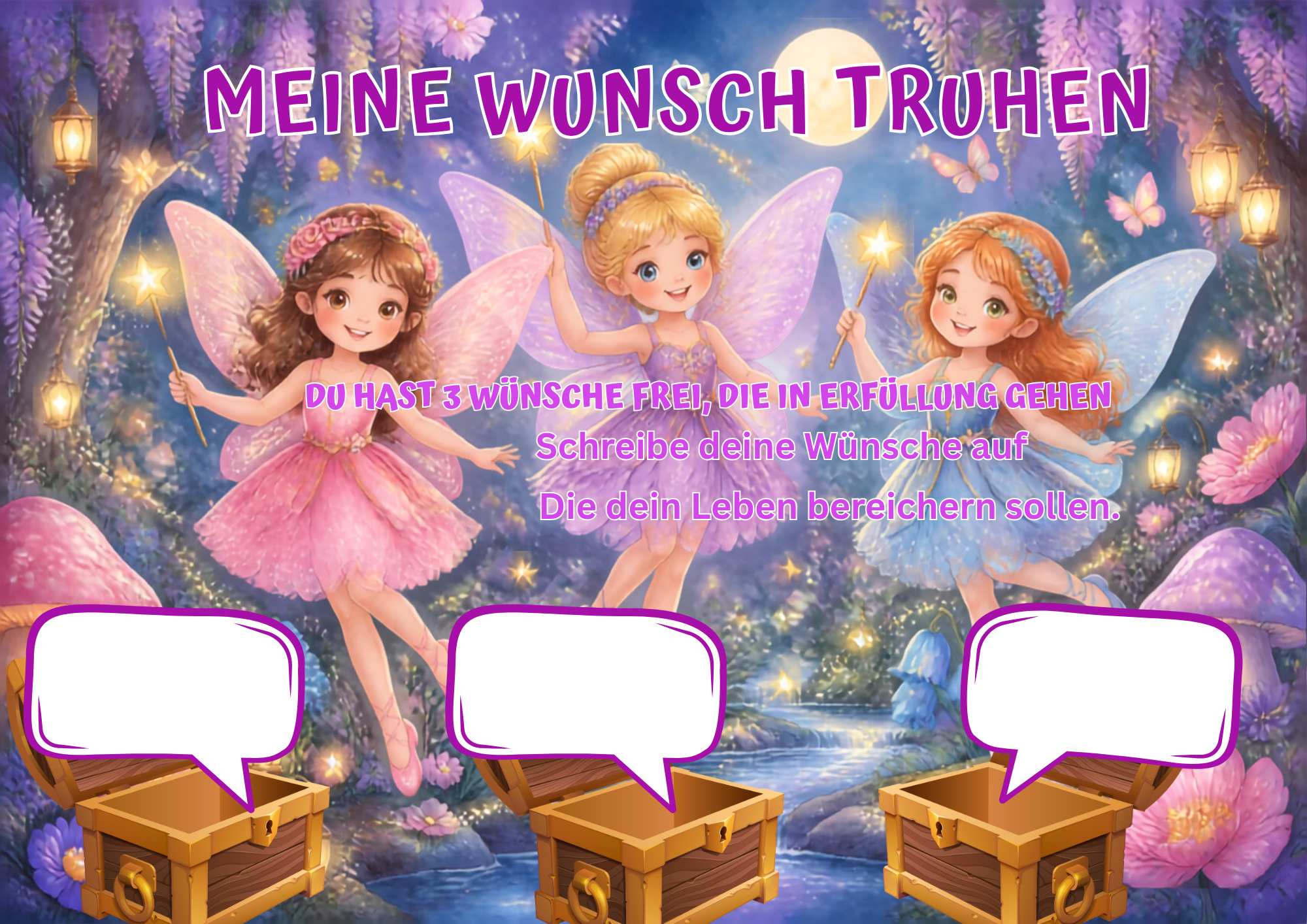 Wunschposter mit Feen Nummer 1 Digital, drei Feen mit Wunschkästchen in zauberhafter Umgebung.