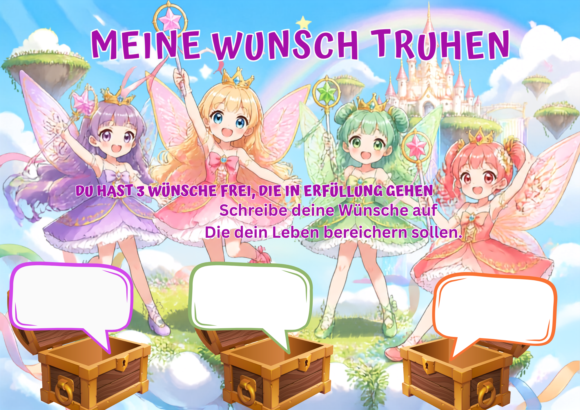 Wunschposter für Kinder Fee Poster Nummer 4 Digital mit Feen und Wunschtruhen.