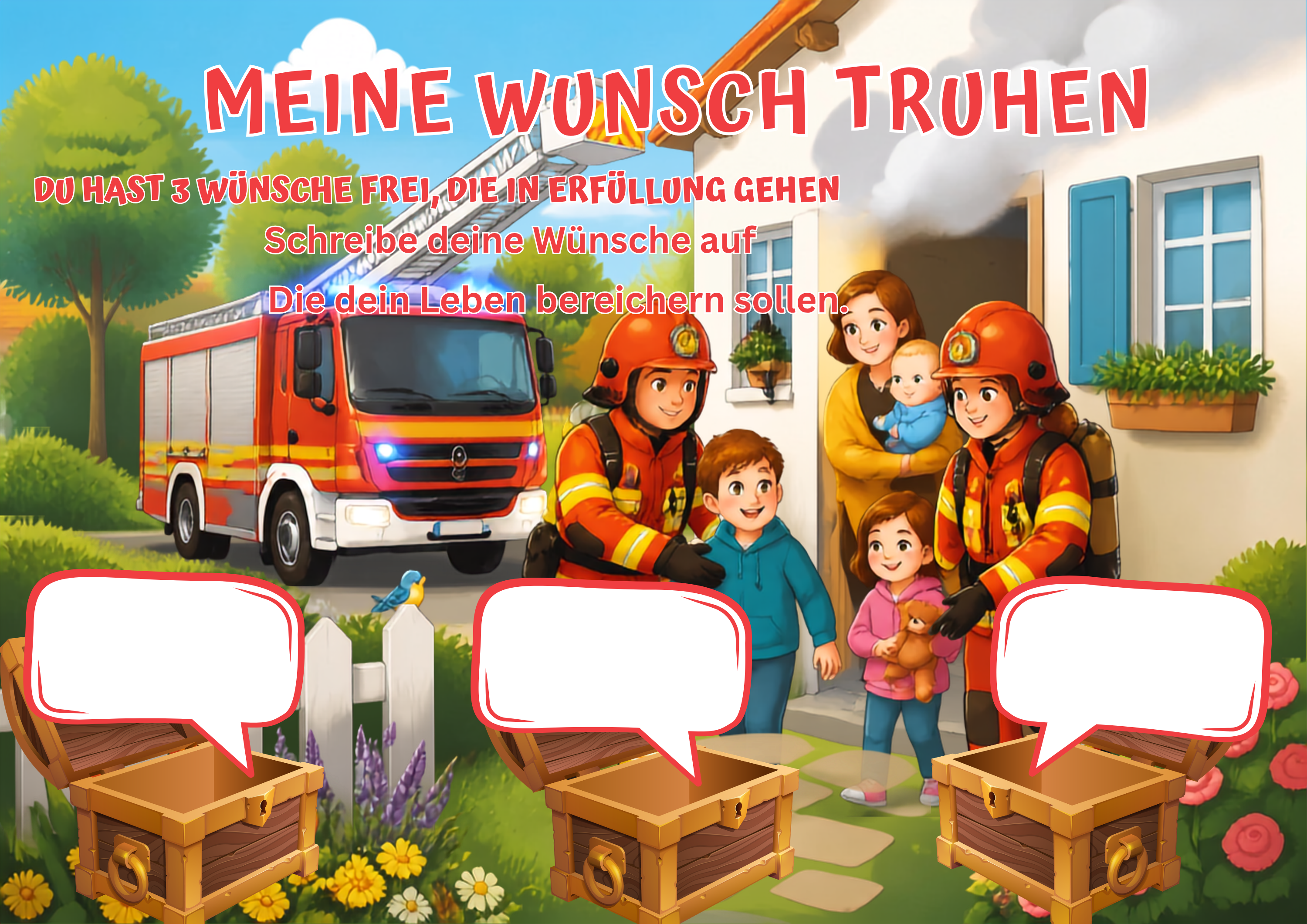 Wunschposter Feuerwehr im Einsatz Kinder-Digital Nr.3 mit Feuerwehr, Kindern und Wunschtruhen.