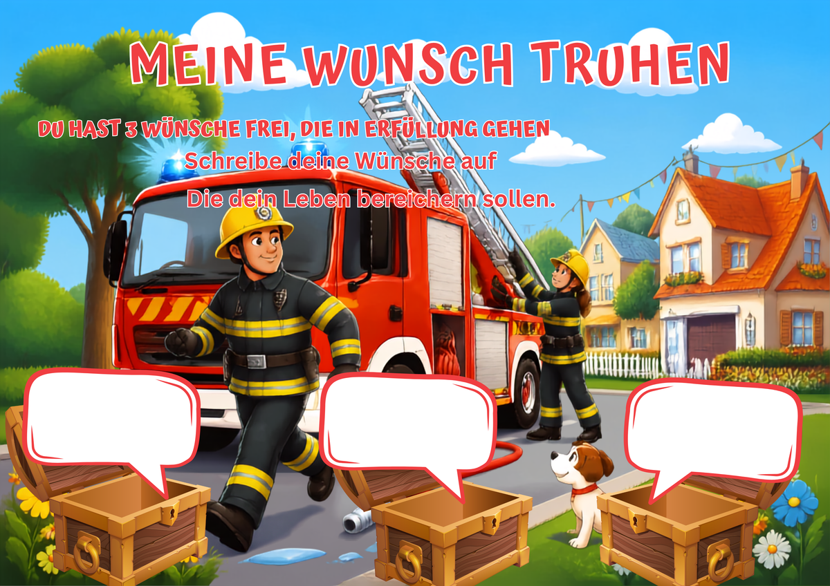 Wunschposter für Kinder Feuerwehr im Einsatz Nummer 2 Digital mit Feuerwehrmännern und Wunschtruhen