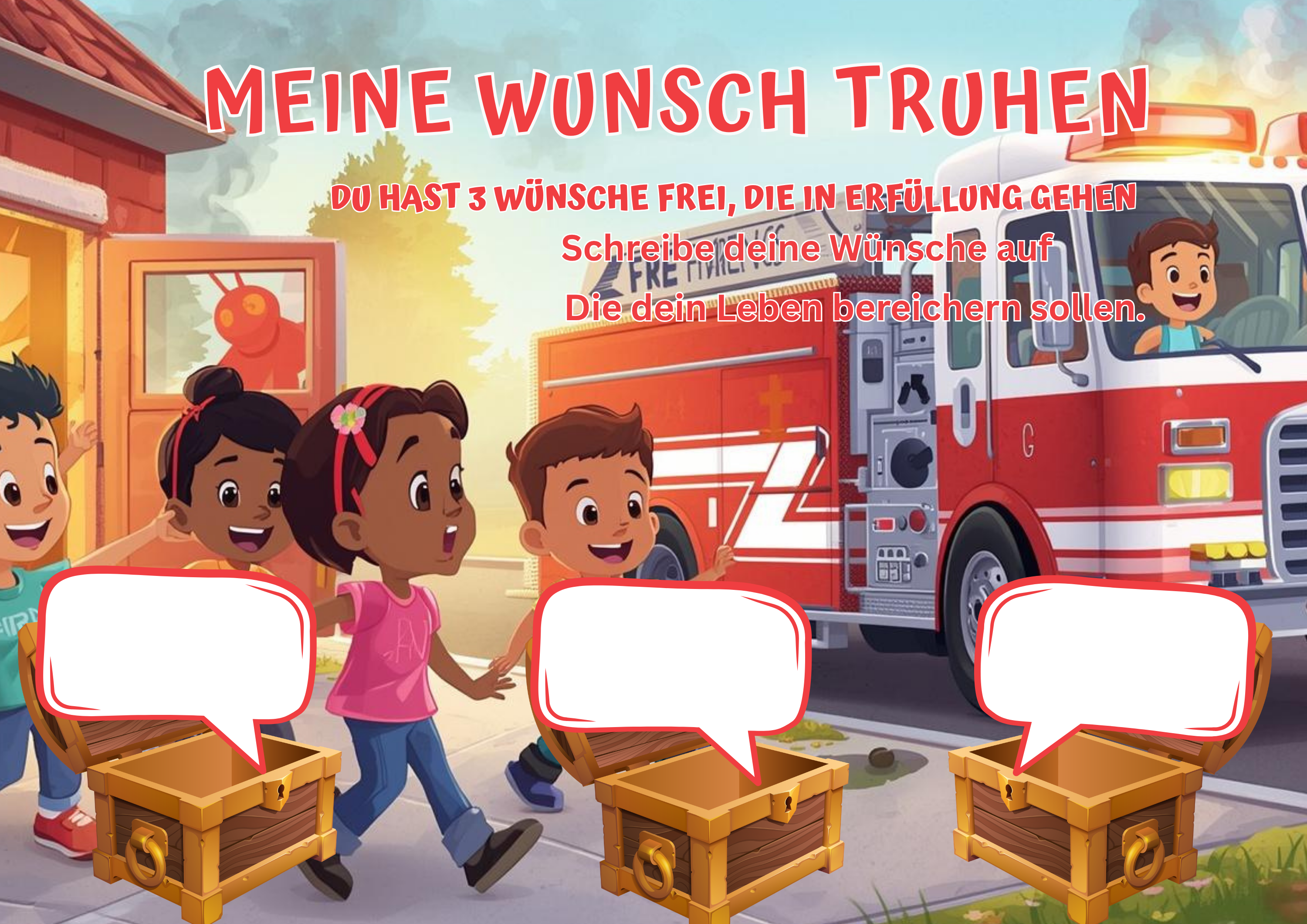 Wunschposter für Kinder Feuerwehr in Einsatz mit Kinder Digital - Kinder schreiben Wünsche auf.