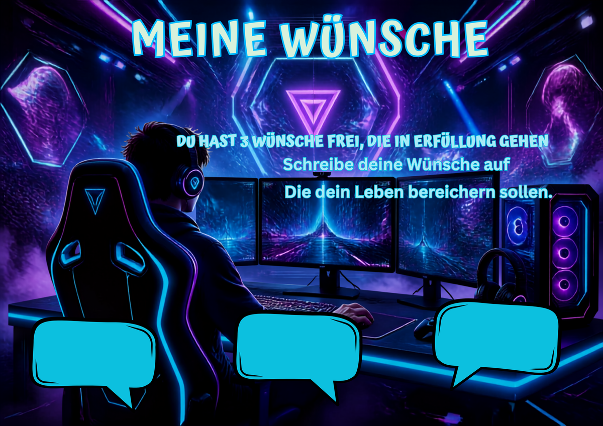Wunschposter Gamer Kinder Digital Nr. 1 mit einem Spieler am Schreibtisch, der seine drei Wünsche aufschreibt.