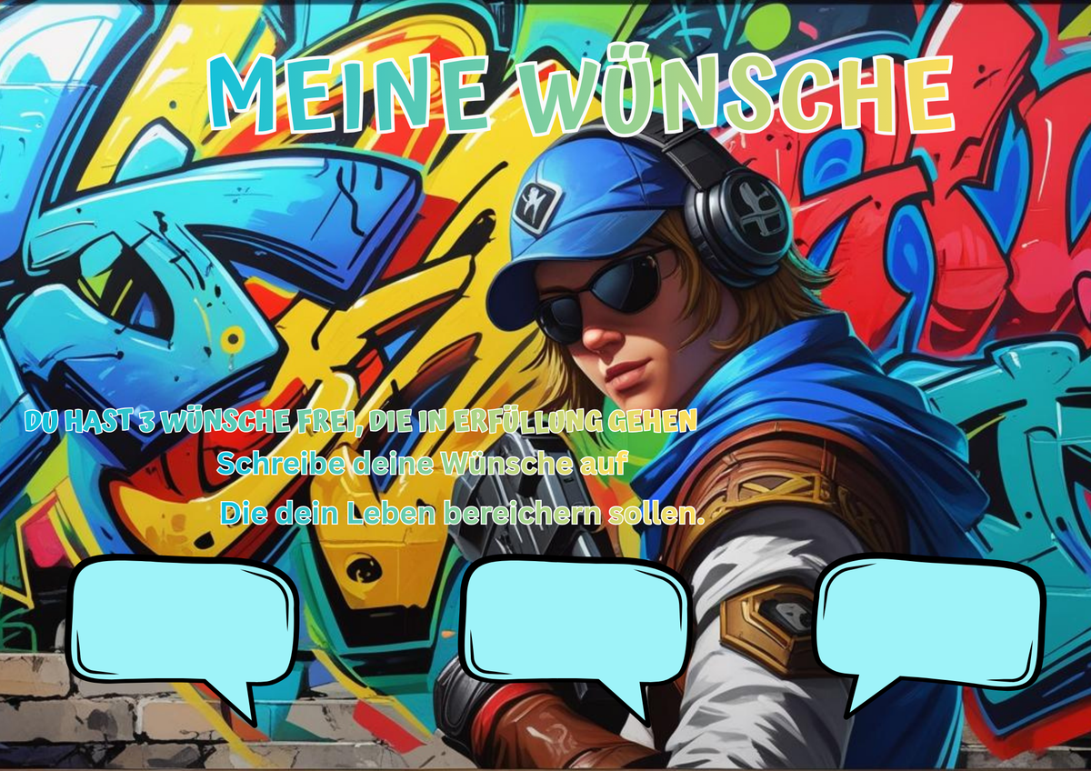 Wunschposter für Kinder Gamer 12 Digital mit Graffiti-Hintergrund und Platz für Wünsche