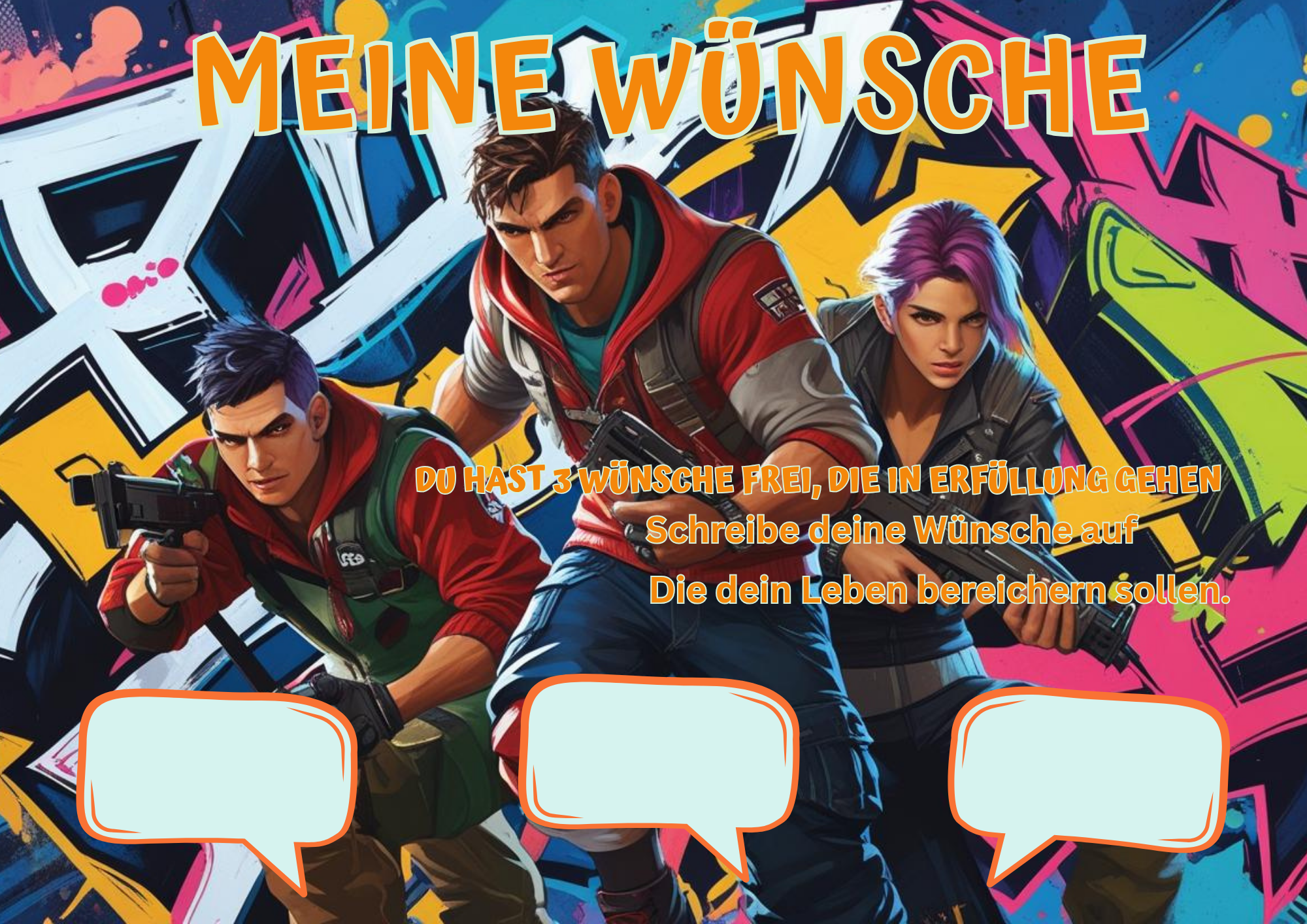 Wunschposter für Kinder Gamer 13 Digital mit Charakteren und Platz für persönliche Wünsche