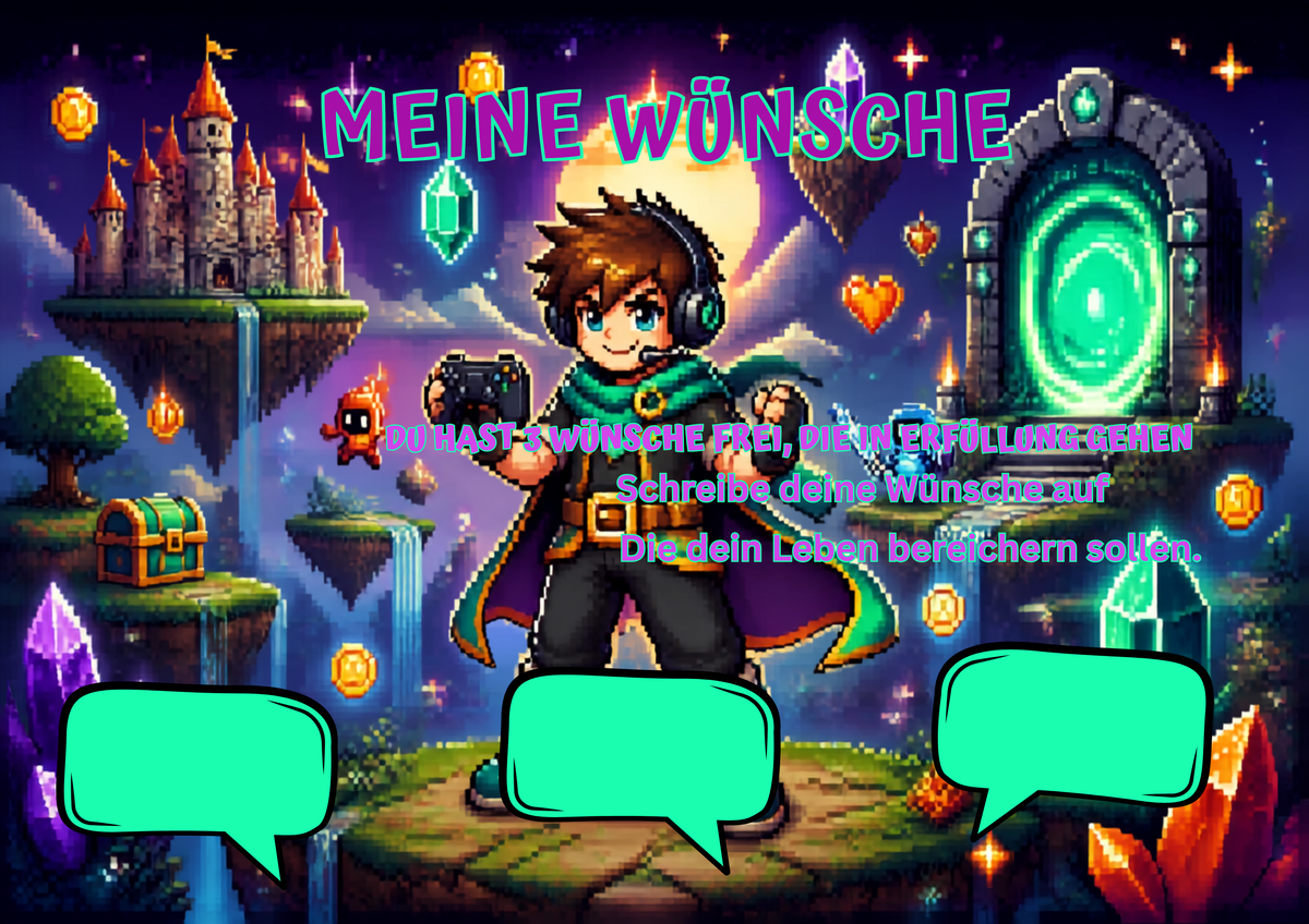 Wunschposter für Kinder Gamer 2 Digital mit Charakter in Pixel-Design, Wunschfelder und bunten Gaming-Elementen.
