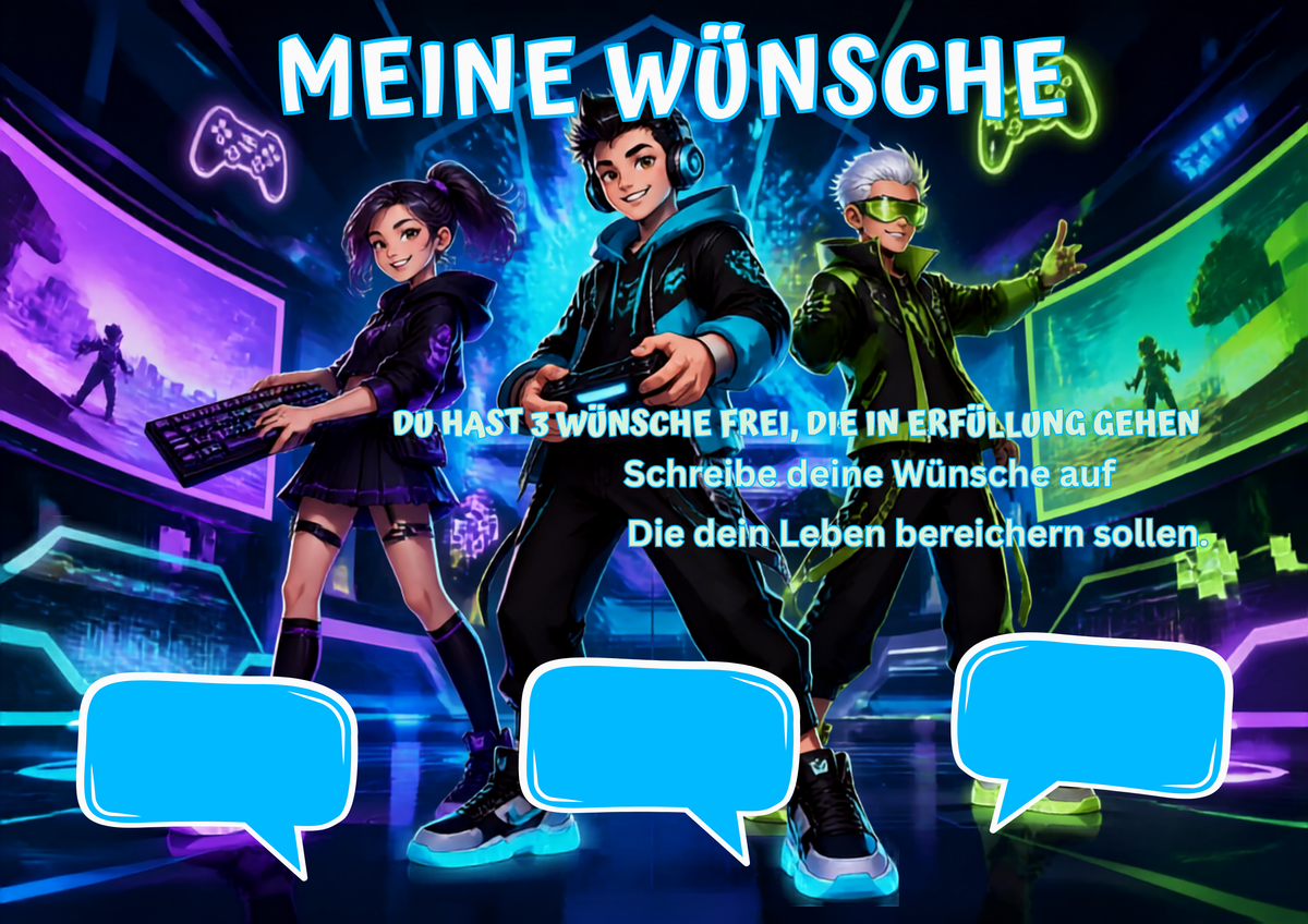 Wunschposter für Kinder Gamer 3 Digital mit Platz für Wünsche und Gaming-Elementen.