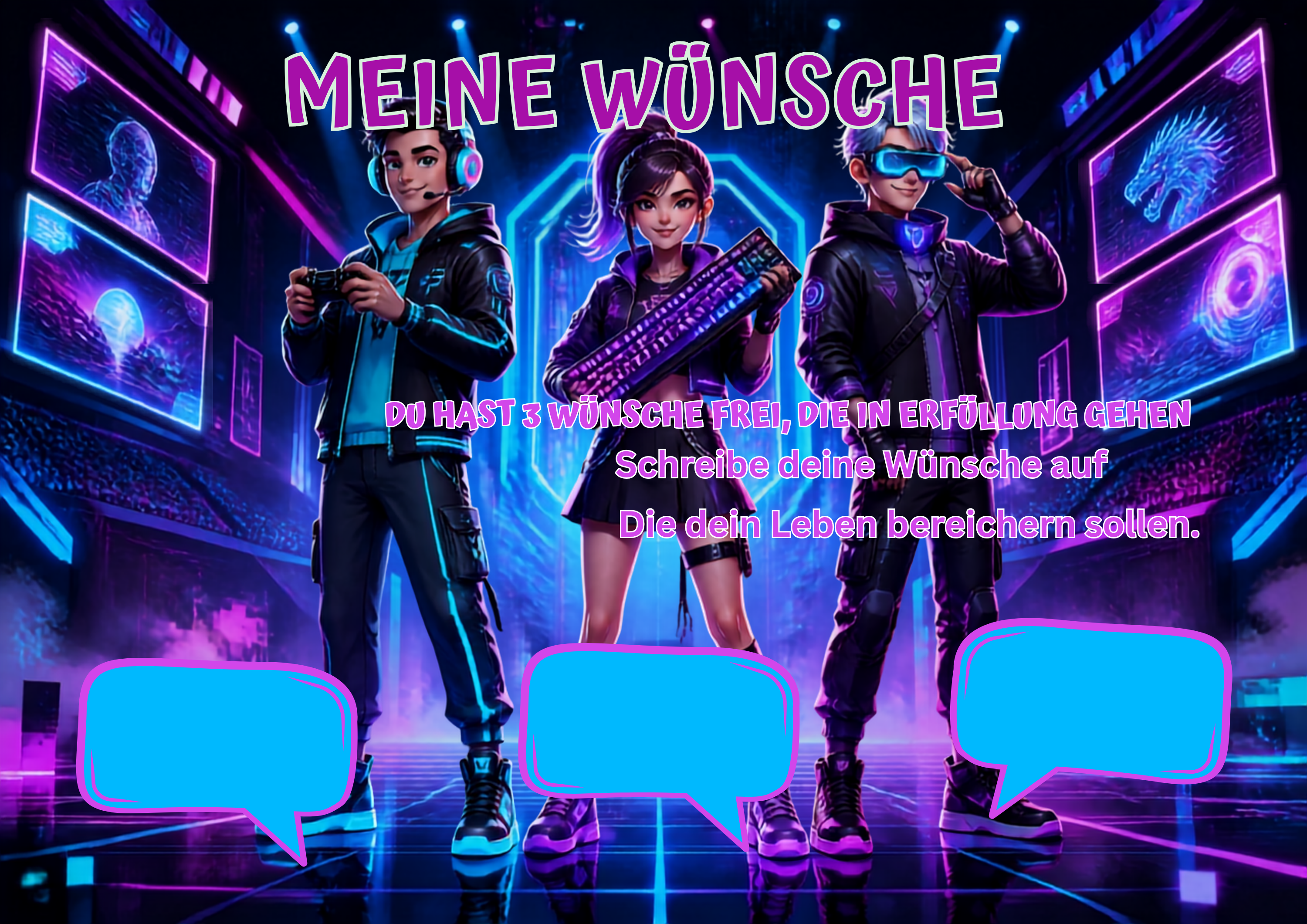 Wunschposter für Kinder Gamer 4 Digital mit drei leeren Sprechblasen und bunten Gaming-Charakteren