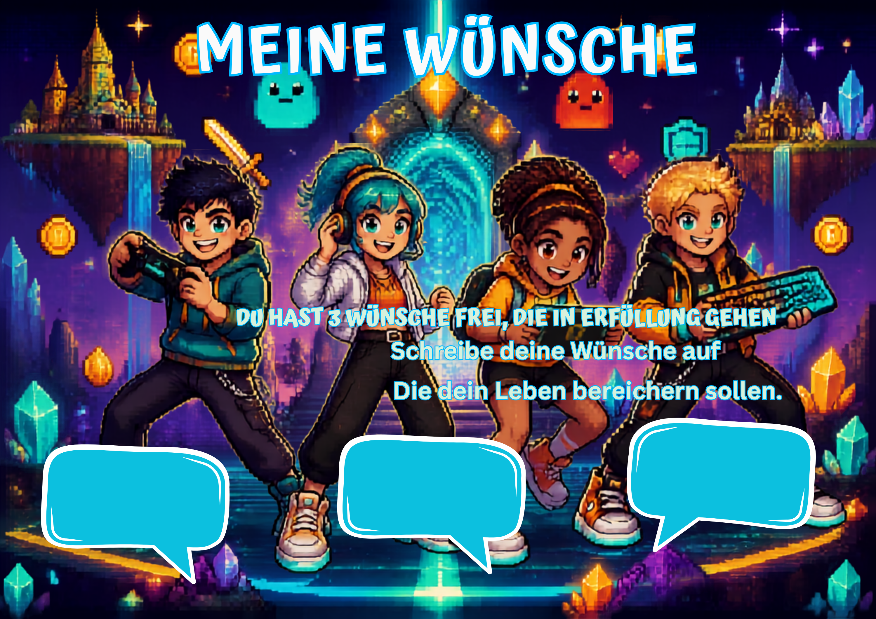 Wunschposter für Kinder Gamer 5 Digital mit fröhlichen Kindern und Platz für Wünsche.