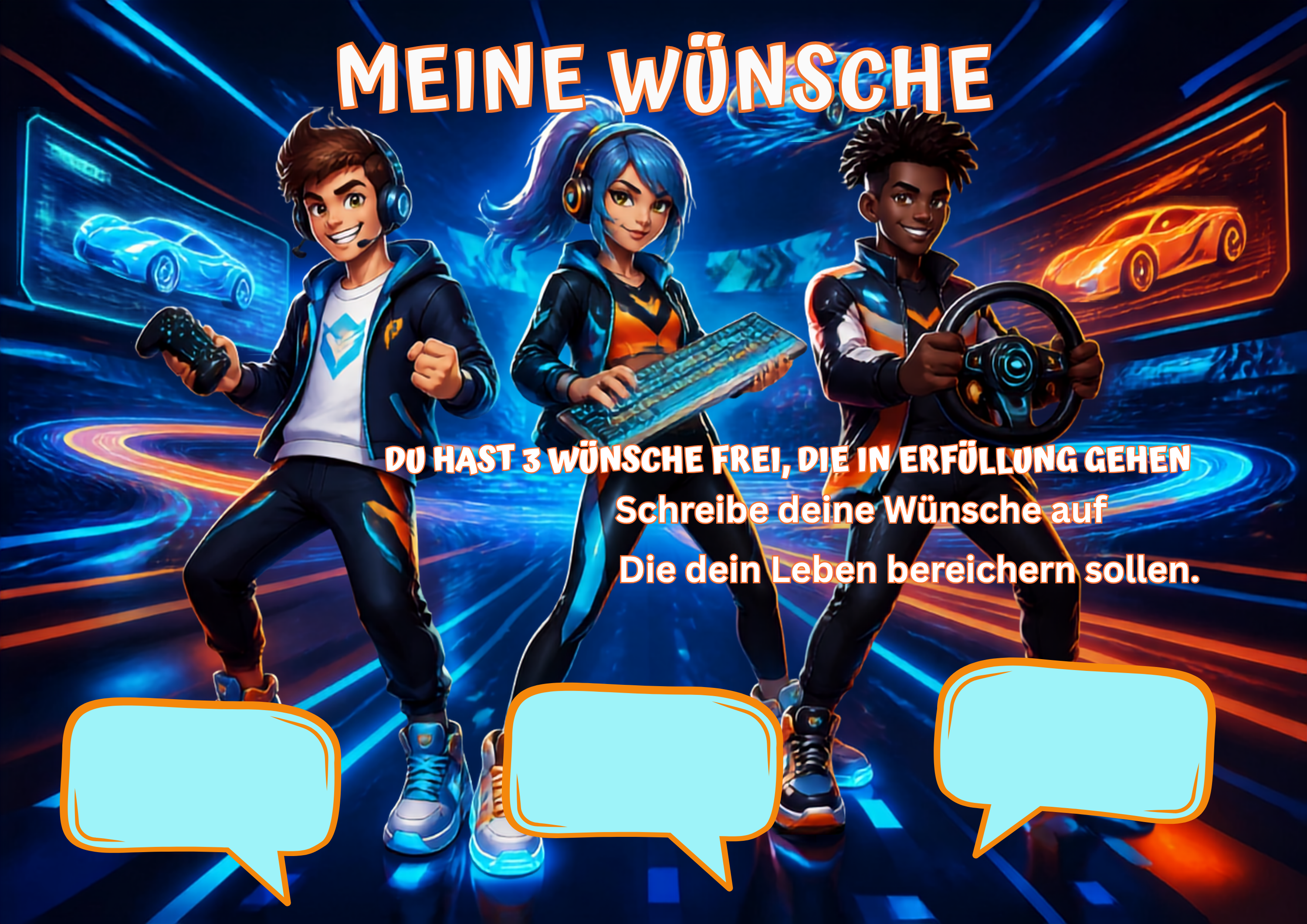 Wunschposter für Kinder Gamer 6 Digital mit drei leeren Sprechblasen und Charakteren in Gaming-Umgebung.