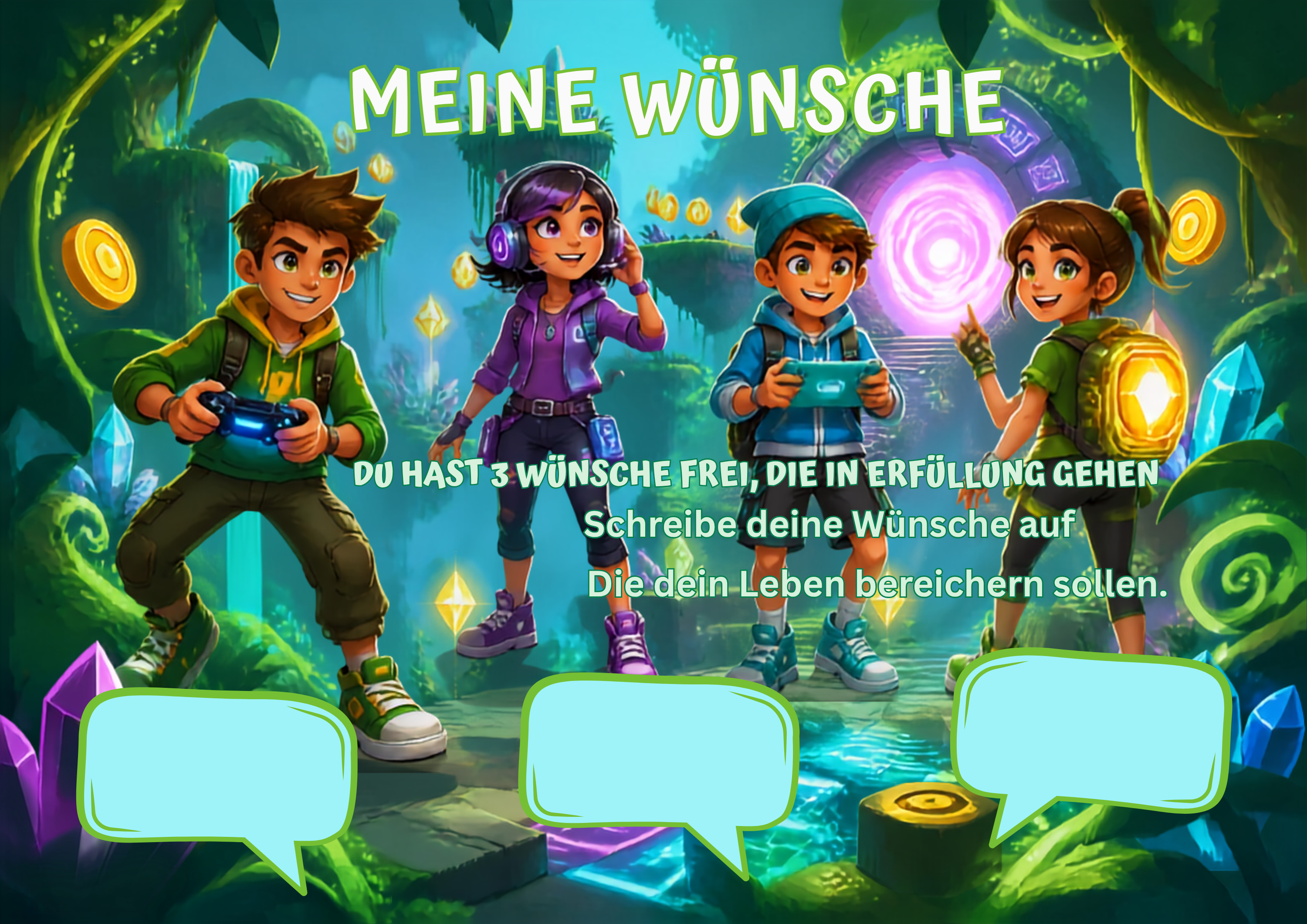 Wunschposter für Kinder Gamer 7 mit vier Kindern, die ihre Wünsche auf einem digitalen Poster aufschreiben.