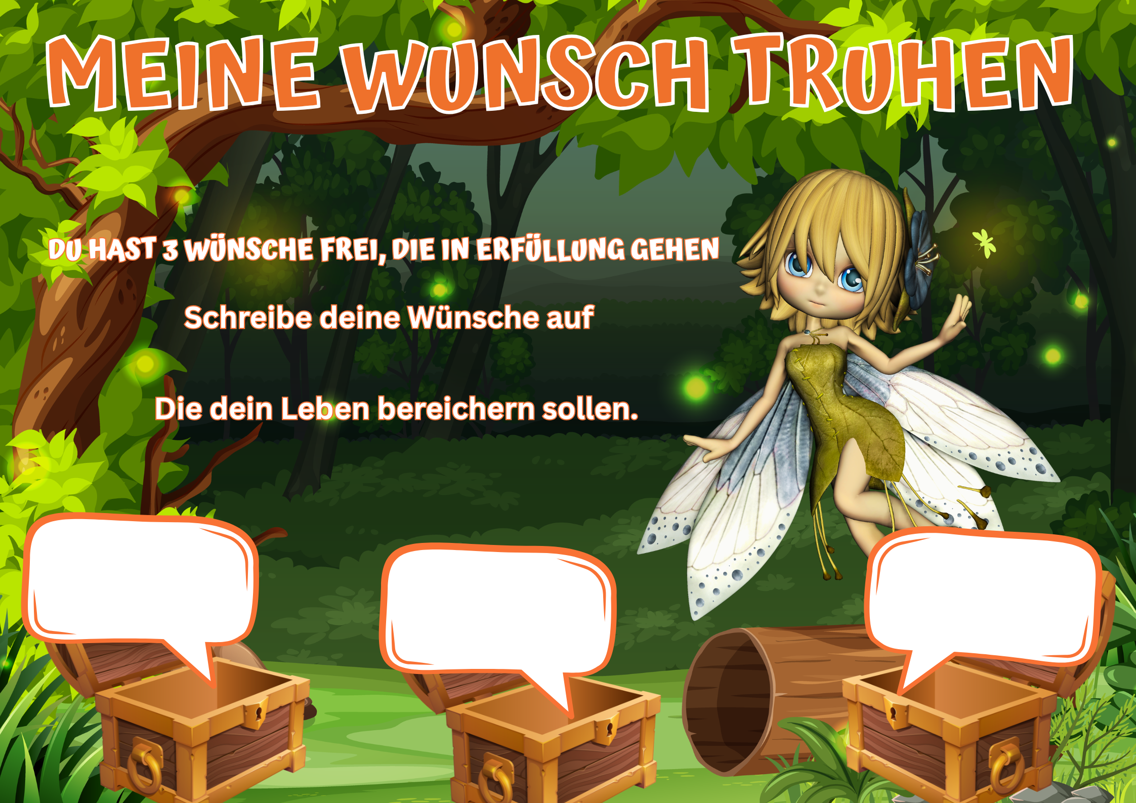 Wunschposter Glühwürmchen-Fee Digital mit einer Fee und Wunschkisten im Wald hinterlegt