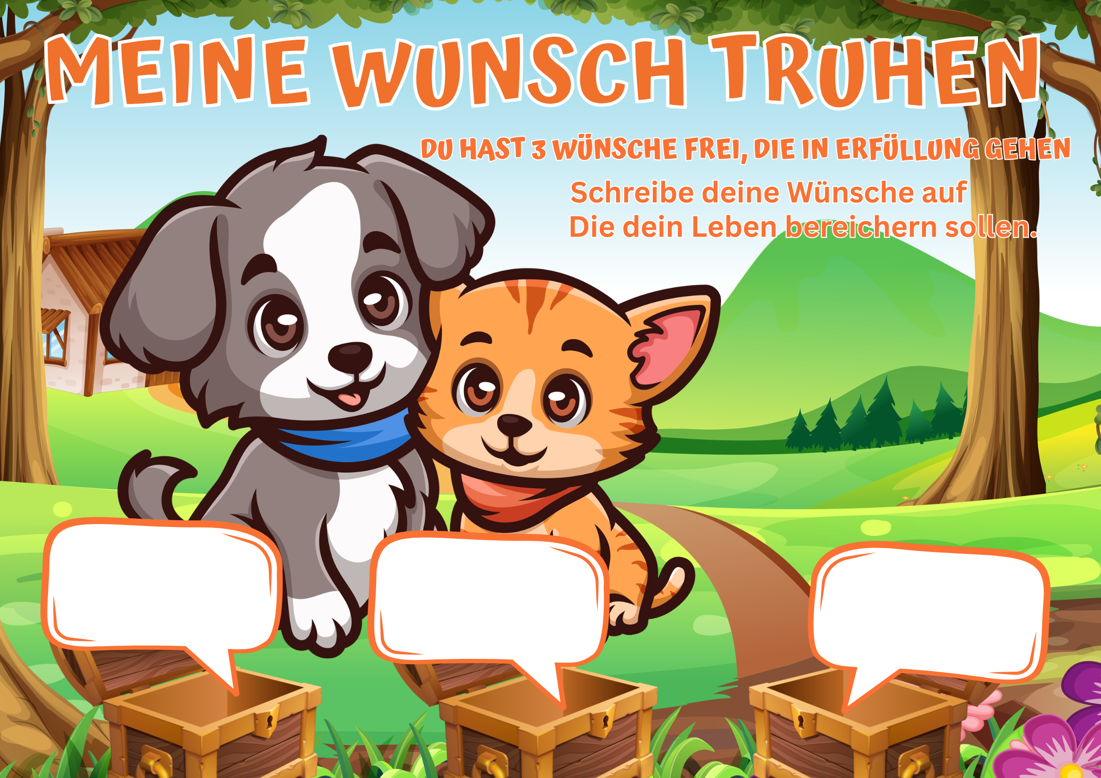 Wunschposter für Kinder Hund und Katze am Wegrand Digital mit Hund und Katze auf einer Wiese.