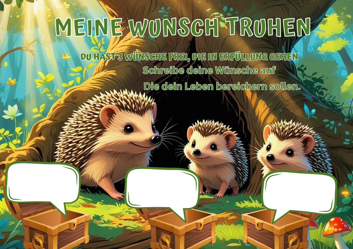 Wunschposter für Kinder Igel Familie Digital mit niedlichen Igeln und Wunschtruhen im Wald.