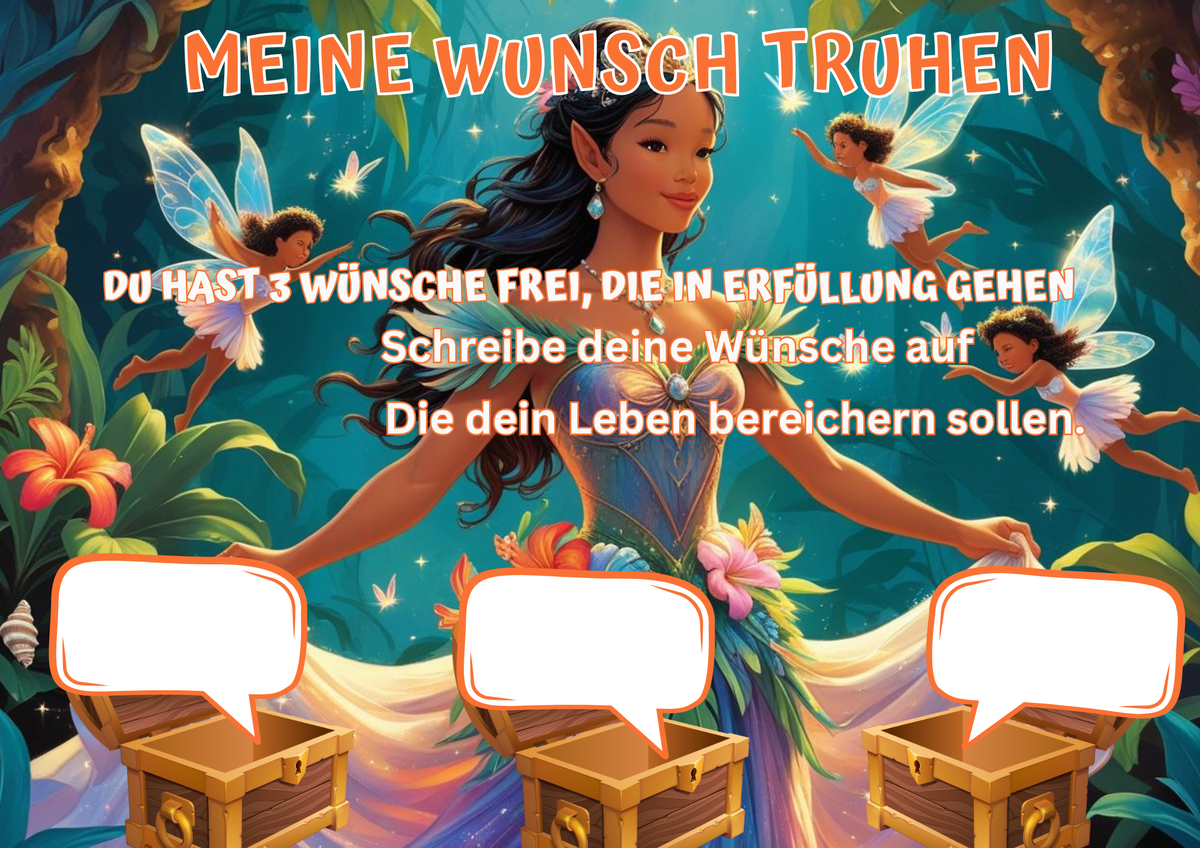 Wunschposter für Kinder Kobold Prinzessin mit kleine Feen Digital, magisches Poster mit Kobold-Prinzessin und Feen.