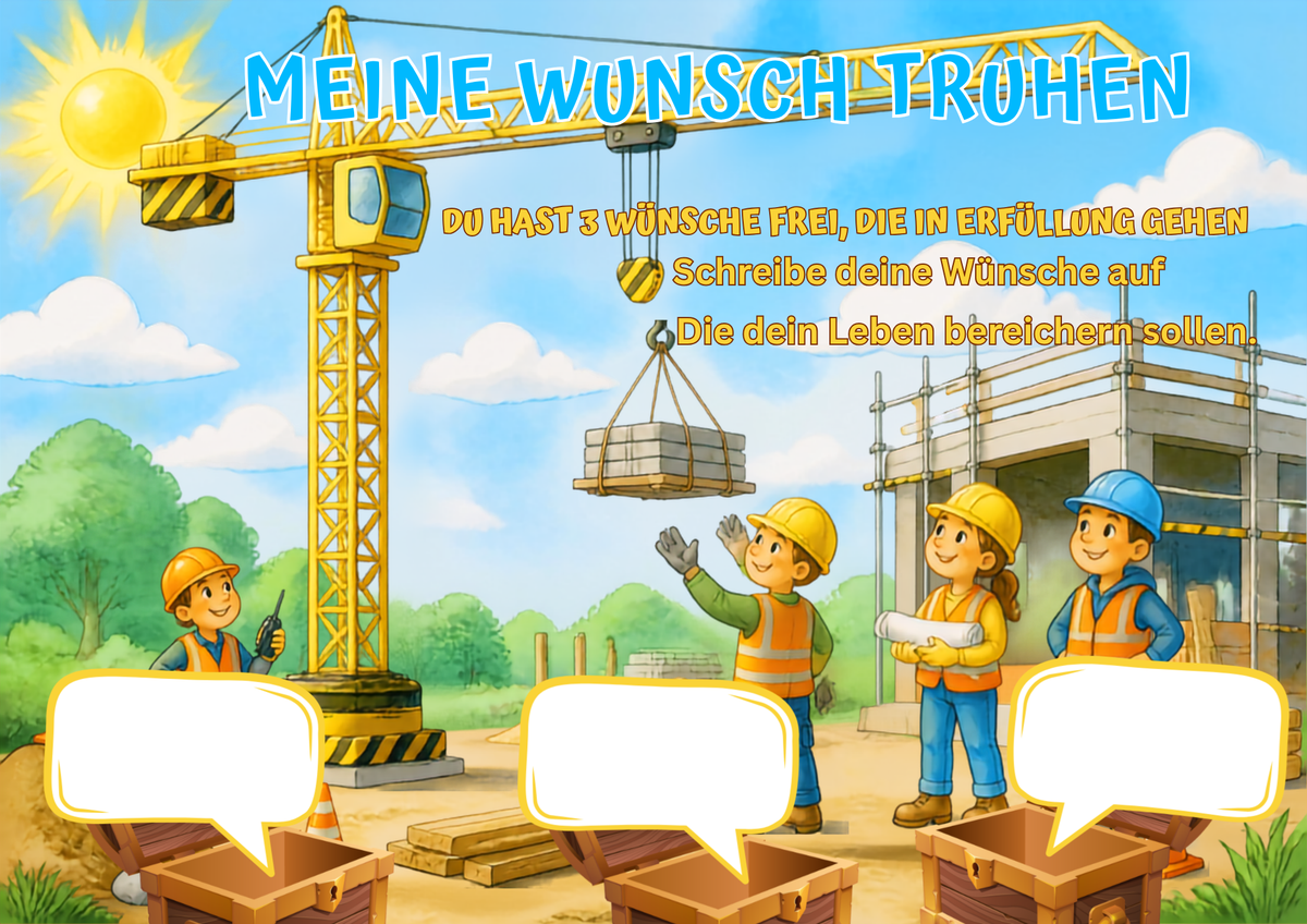 Wunschposter für Kinder Kran auf einer Baustelle Digital mit Baumeistern und Wunschtruhen.