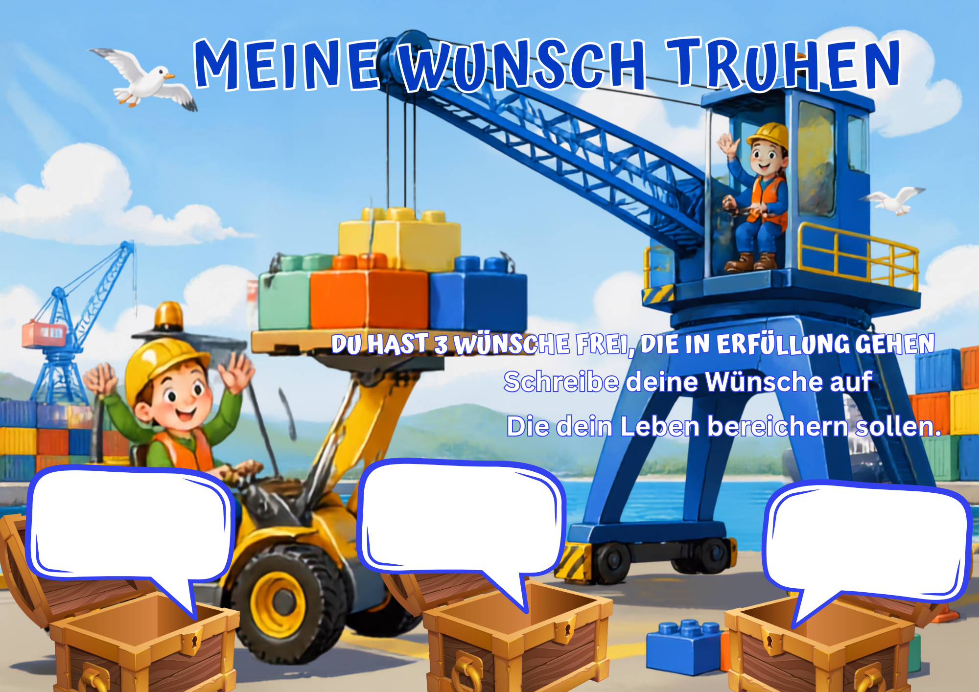Wunschposter für Kinder Kran im Einsatz im Legomotiv Digital mit buntem Kran und Lego-Steinen.