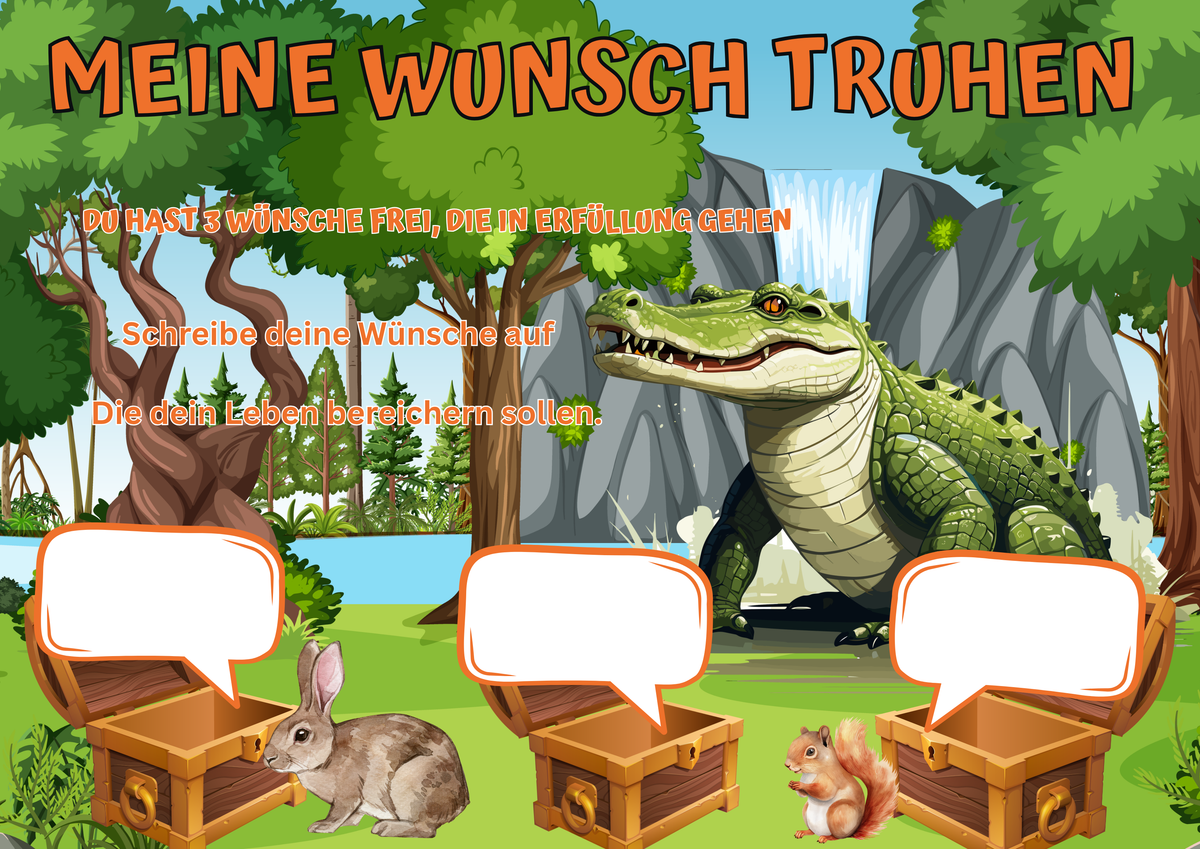 Wunschposter für Kinder Krokodil Hase Eichhörnchen Digital mit buntem Waldmotiv und Platz für Wünsche.