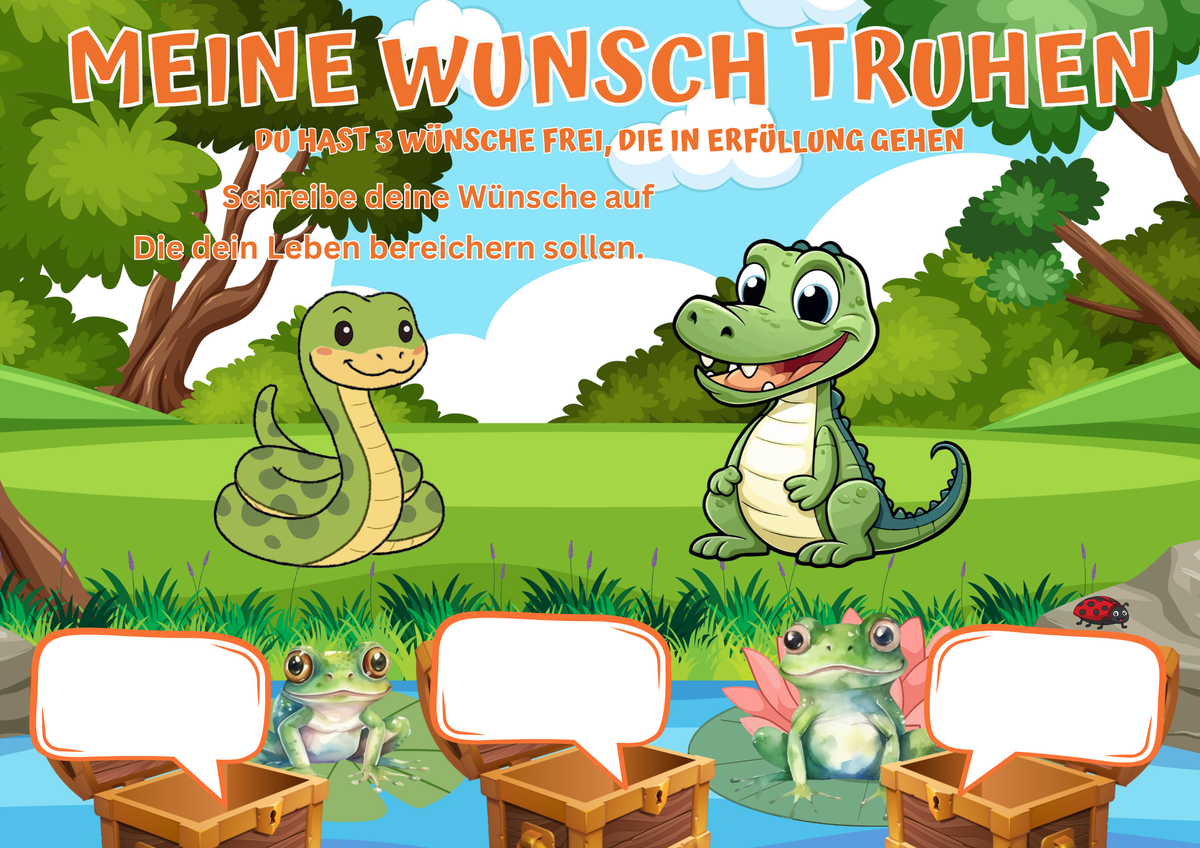 Wunschposter für Kinder Krokodil Schlange Frösche Digital mit Krokodil, Schlange und Fröschen im Wald.