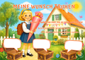Wunschposter für Kinder Mädchen mit einer Schultüte Digital - Mädchen mit Schultüte vor einem Haus, Wunschkästchen.