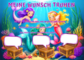 Wunschposter für Kinder Meerjungfrauen Digital mit Meerjungfrauen und Wunschtruhen unter Wasser.