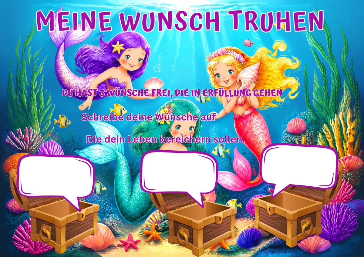 Wunschposter für Kinder Meerjungfrauen Digital mit Meerjungfrauen und Wunschtruhen unter Wasser.