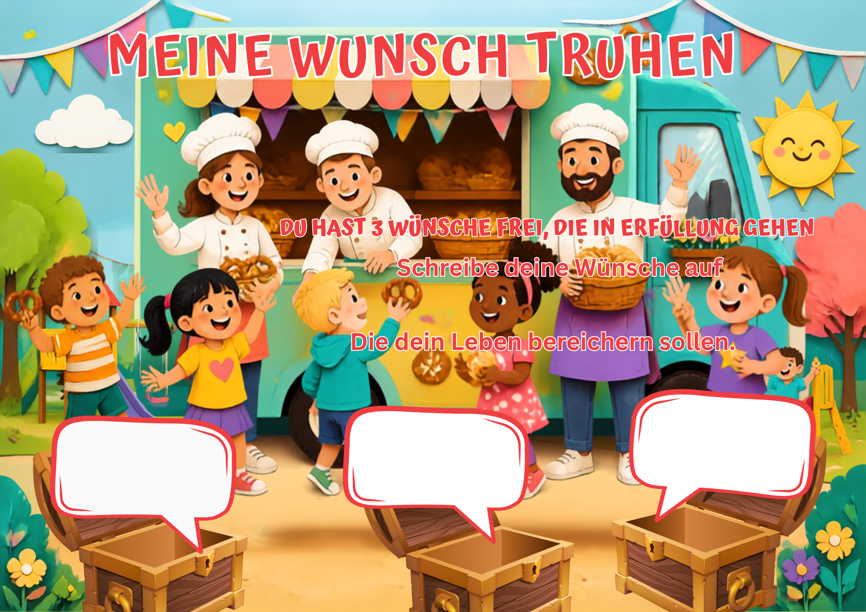Wunschposter für Kinder Mobile Bäckerei mit Kinder Digital mit fröhlichen Kindern und Bäckern.
