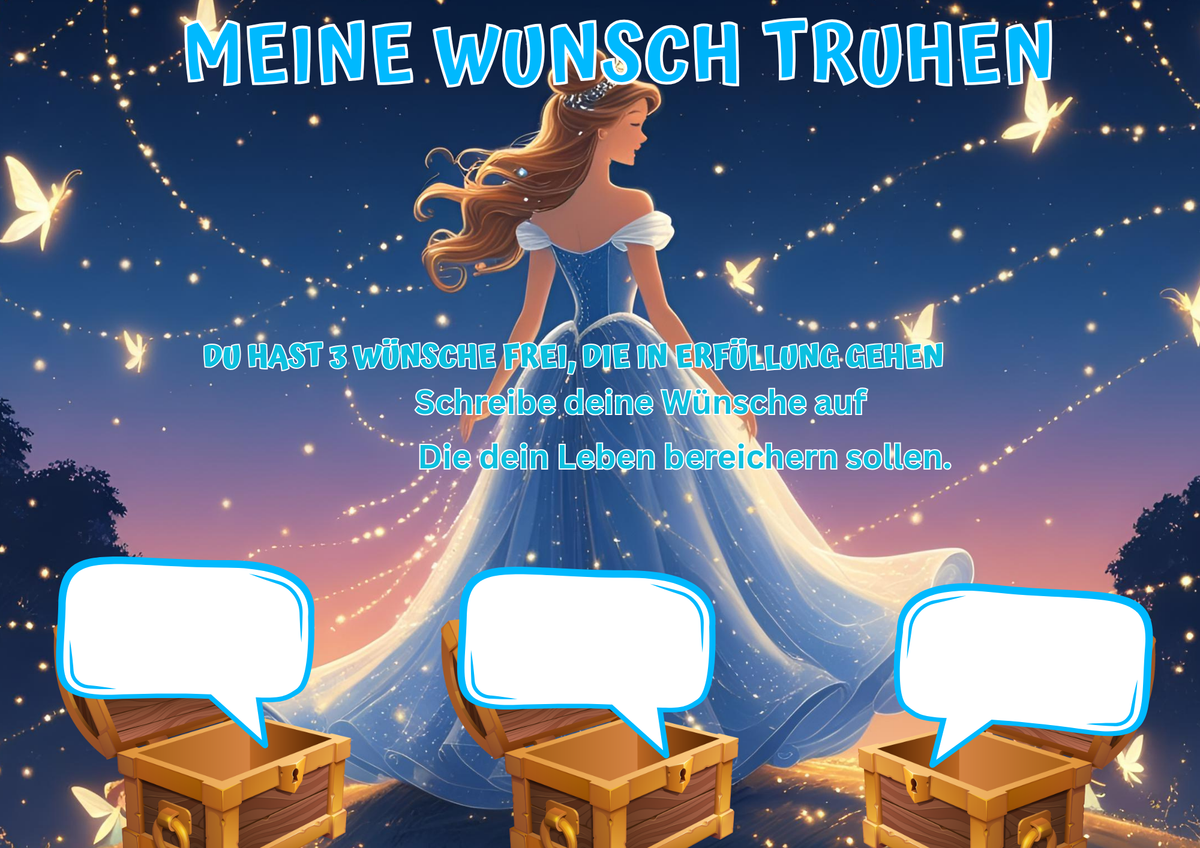 Wunschposter für Kinder Nacht Sternen Prinzessin Digital mit einer Prinzessin und Wunschtruhen im Sternenhimmel.