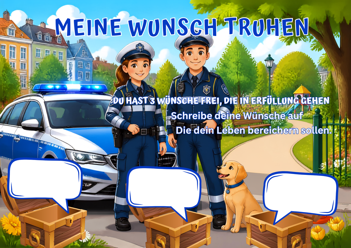 Wunschposter für Kinder Polizei im Einsatz Nummer 1 Digital mit Polizei-Kindern und Hund.