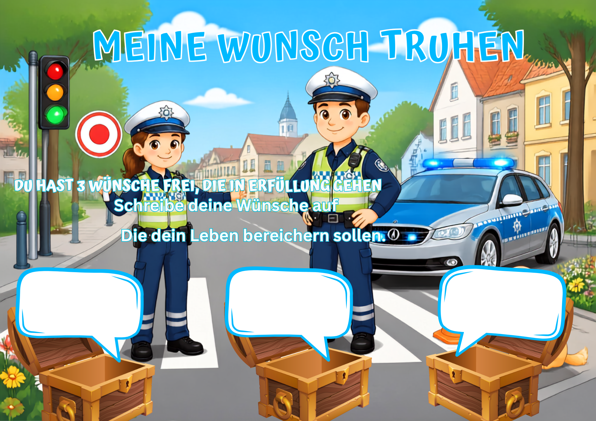 Wunschposter für Kinder Polizei im Einsatz Nummer 2 mit Polizisten, Verkehrsampel und Wunschkästen