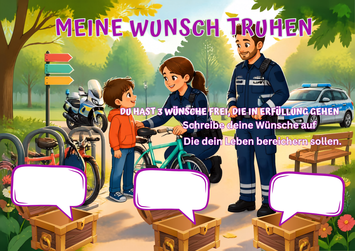Wunschposter für Kinder Polizei im Einsatz Nummer 3 Digital mit Wunschtruhen und Polizisten im Hintergrund.