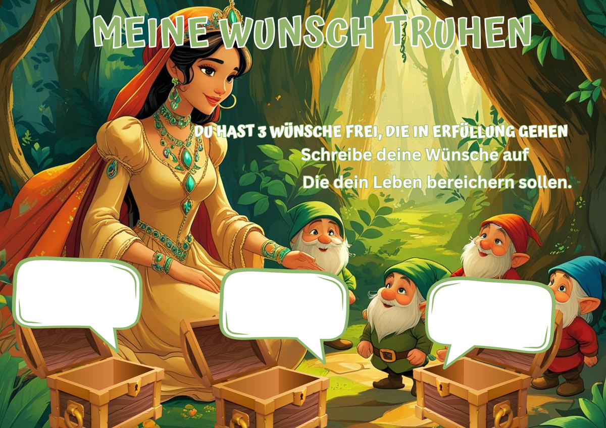Wunschposter für Kinder Prinzessin mit Zwerge im Wald Digital, zauberhafter Wald mit Prinzessin und Zwergen.