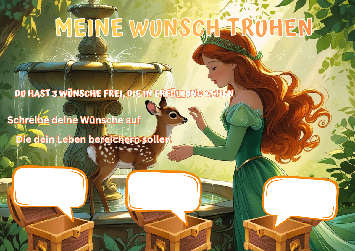 Wunschposter für Kinder Prinzessin mit ein Rehkitz am Brunnen Digital, zeigt eine Prinzessin und ein Rehkitz am Brunnen.
