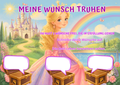 Wunschposter für Kinder Prinzessin vor dem Regenbogenschloss Digital mit 3 Wunsch-Truhen.