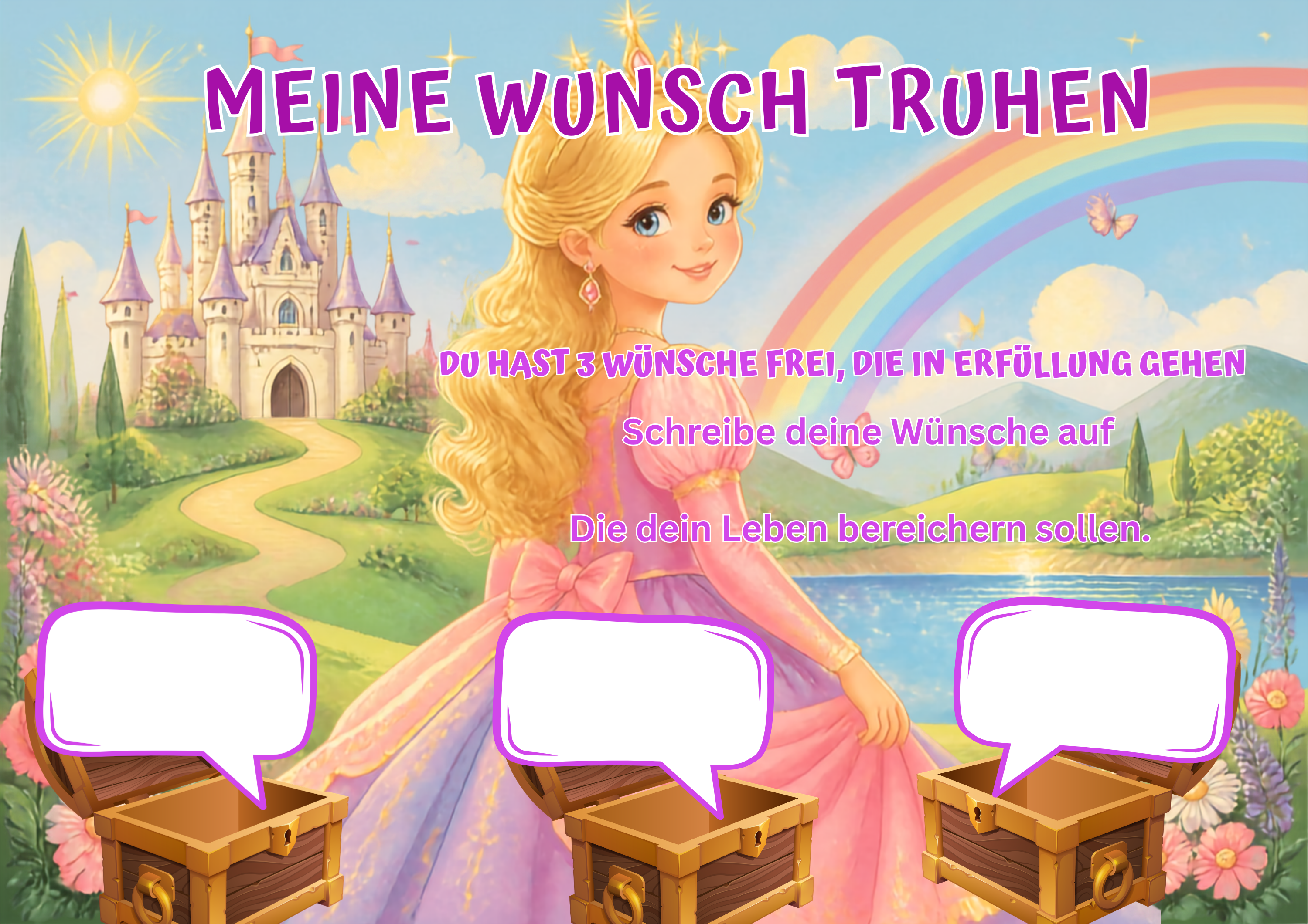 Wunschposter für Kinder Prinzessin vor dem Regenbogenschloss Digital mit 3 Wunsch-Truhen.