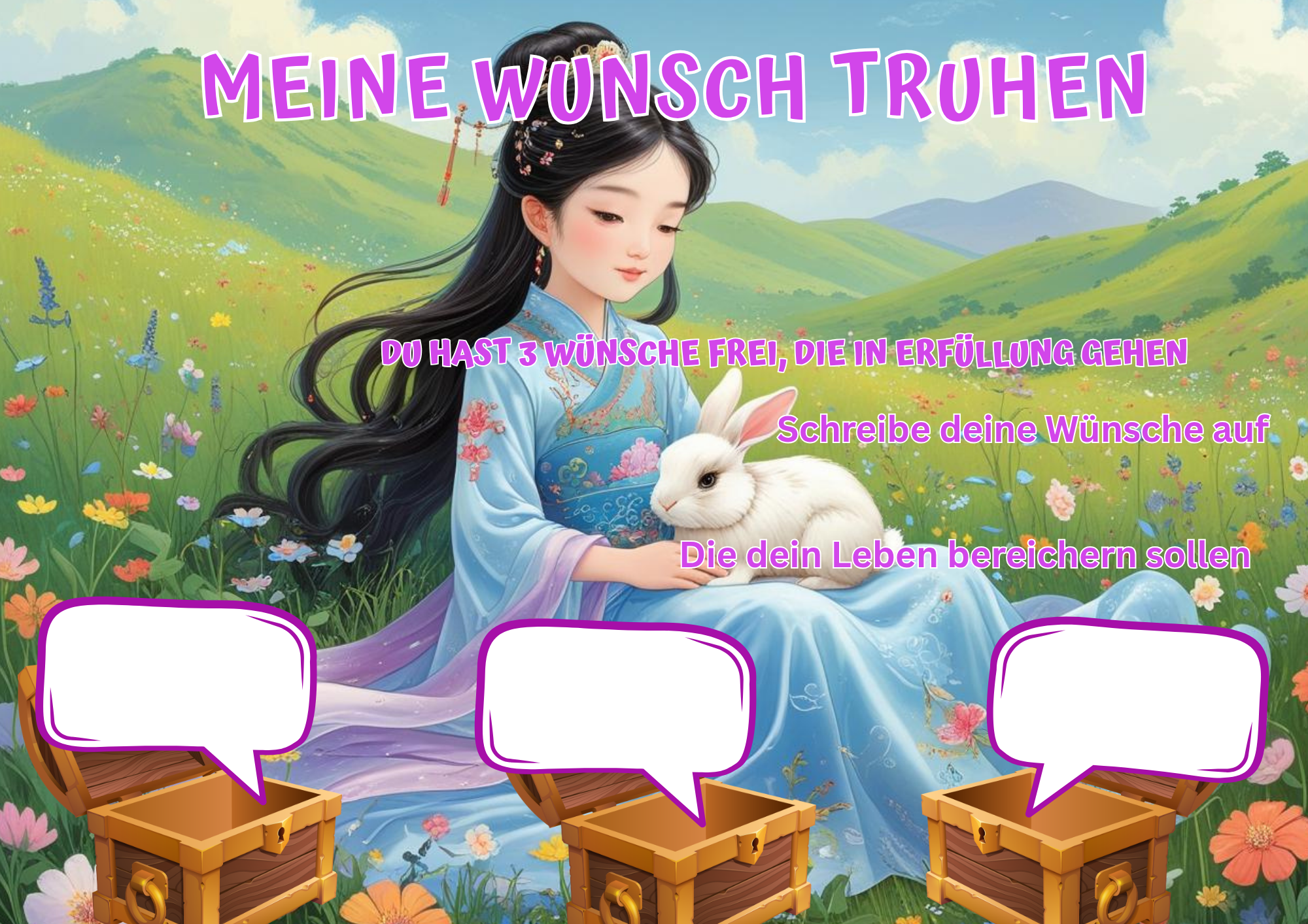 Wunschposter für Kinder Prinzessin streichelt einen Hasen Digital, Mädchen mit Hasen auf Wiese, kreative Wunschtruhe.