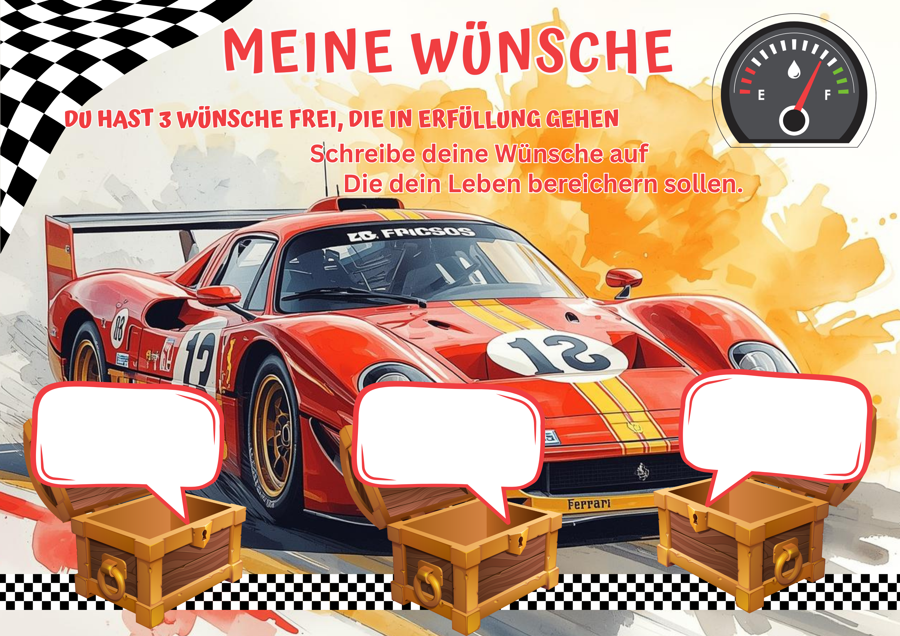 Wunschposter für Kinder Sportwagen Farbe Rot Digital mit Ferrari und Platz für Wünsche.