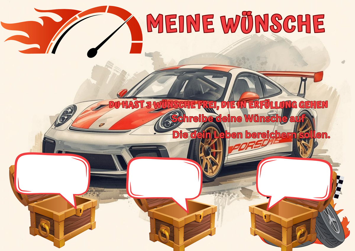 Wunschposter für Kinder Sportwagen in Weis und Rote streifen Digital mit Rennwagen und Wunschfeldern.