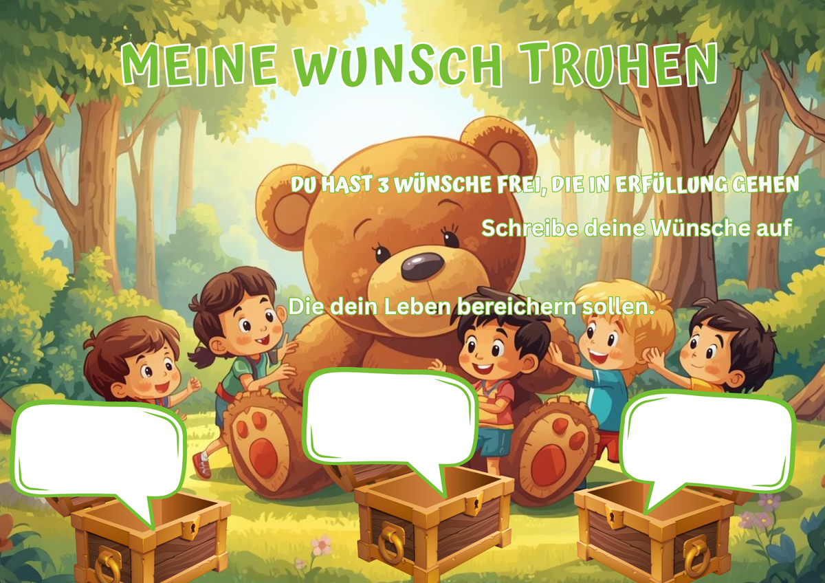 Wunschposter für Kinder Teddybär mit Kinder Digital, fröhliche Kinder umarmen einen großen Teddybär.