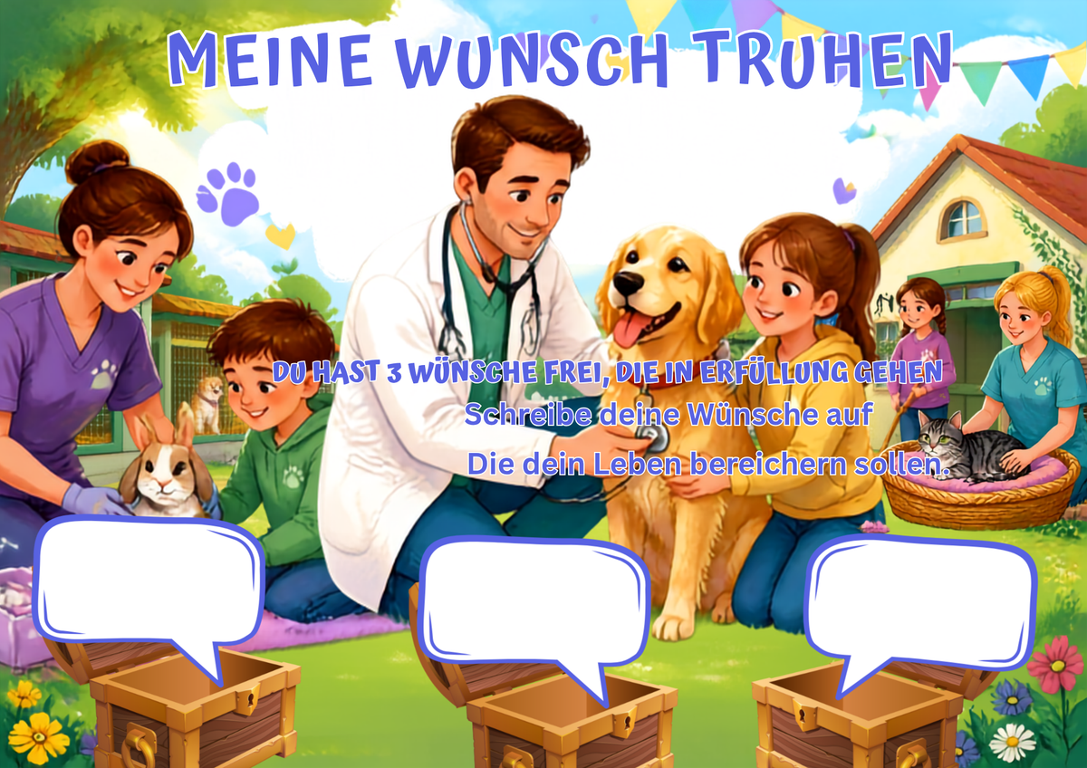 Wunschposter für Kinder Tierärzte in einem Tierheim Digital mit Kindern und Tieren in einem Tierheim.