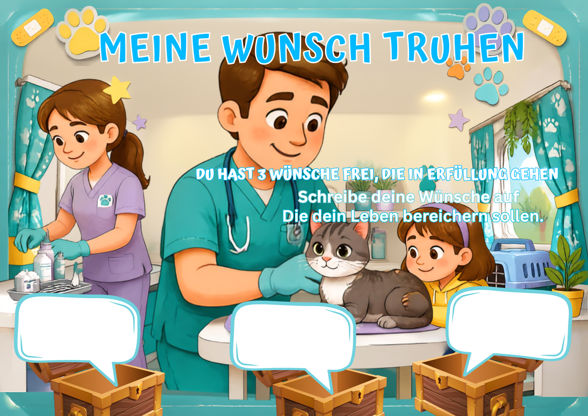 Wunschposter für Kinder Tierarzt im Einsatz Nummer 1 Digital mit Tierarzt und Tieren.