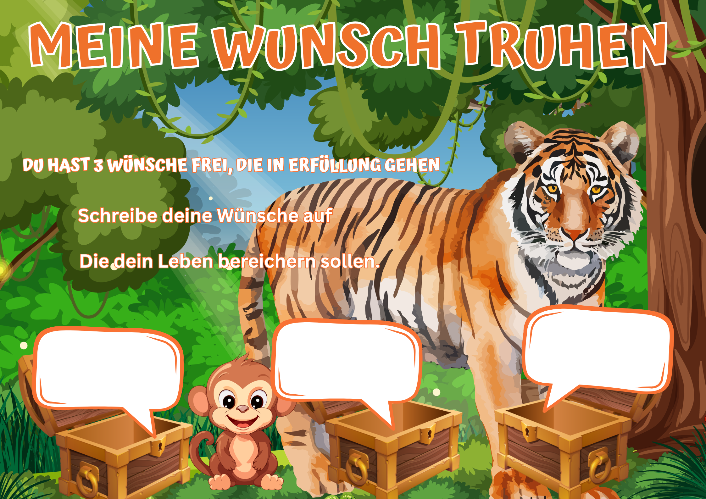 Wunschposter Tiger und Affe Kinder Digital Nr.2 mit Tiger, Affe und Schatztruhen im Dschungel.