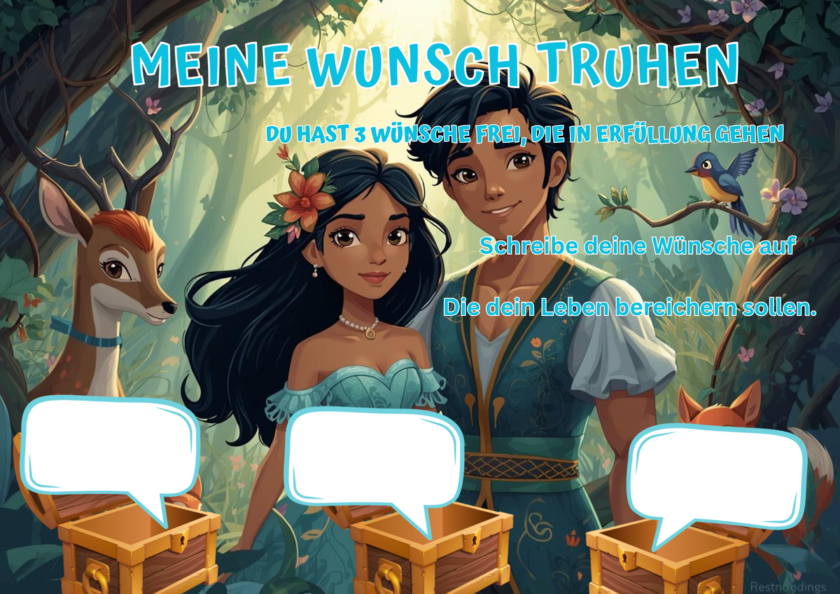 Wunschposter für Kinder Waldprinzessin mit einen Prinz Digital - Magische Szene im Zauberwald mit Wünschen.